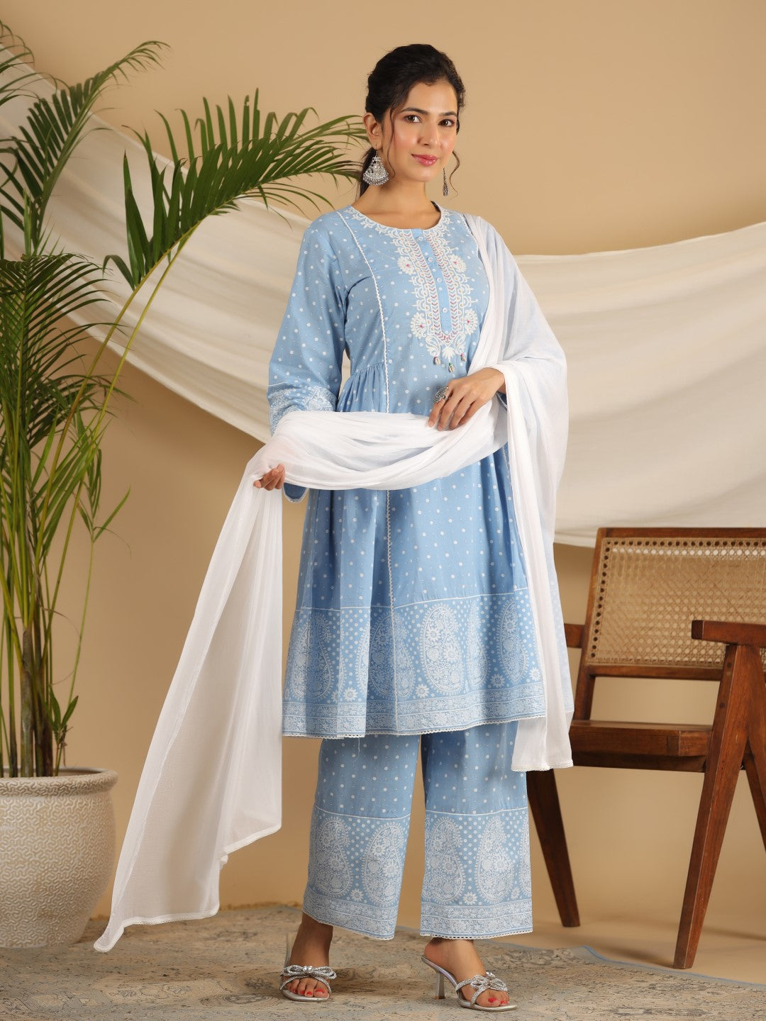 Juniper Pure Cotton Powder Blue Ethnic Motif Printed Kurta Palazzo With Dupatta Set With Thread Embroidery