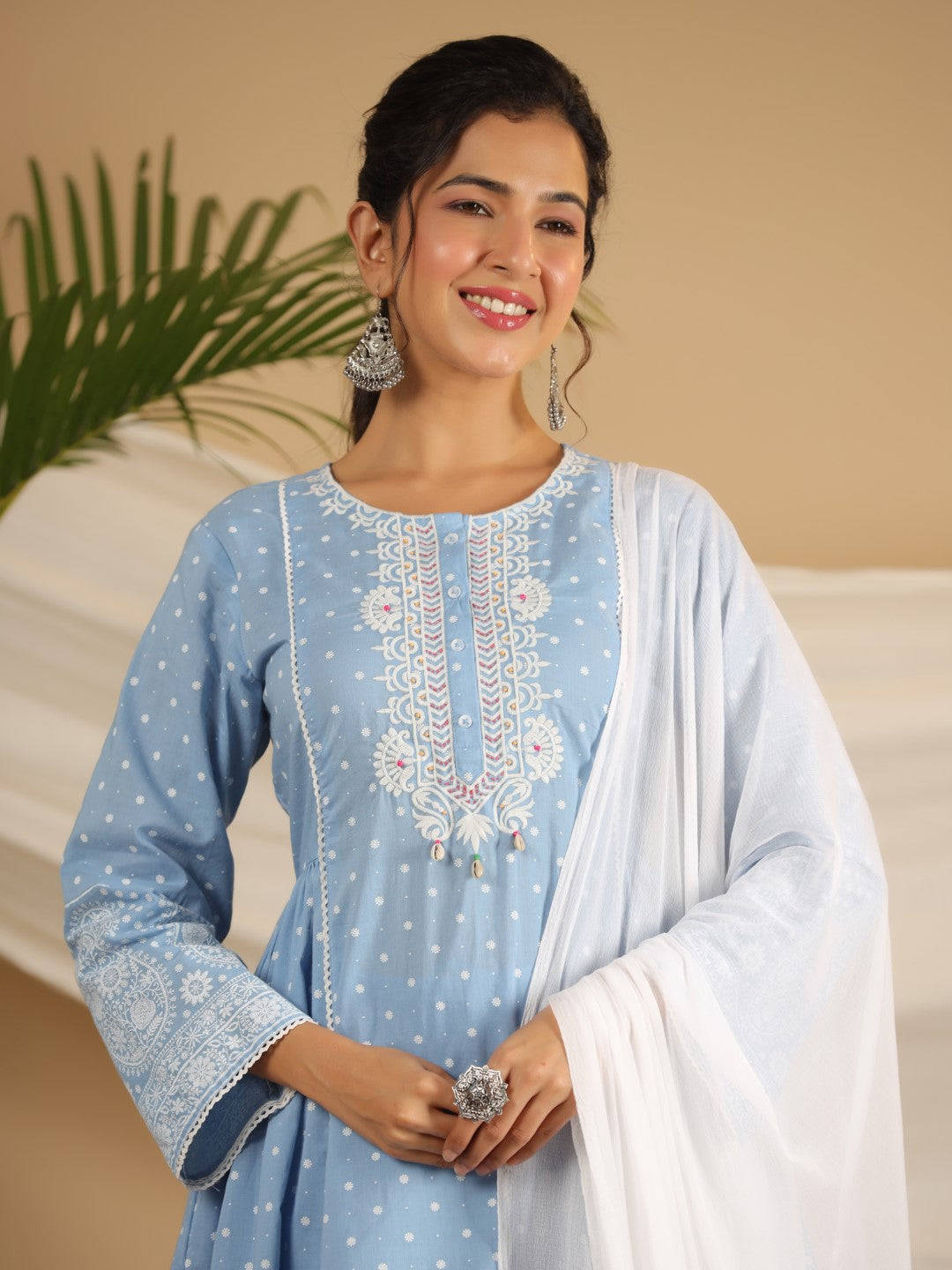 Juniper Pure Cotton Powder Blue Ethnic Motif Printed Kurta Palazzo With Dupatta Set With Thread Embroidery