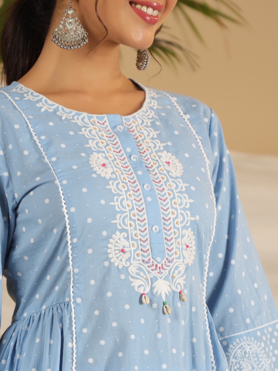 Juniper Pure Cotton Powder Blue Ethnic Motif Printed Kurta Palazzo With Dupatta Set With Thread Embroidery