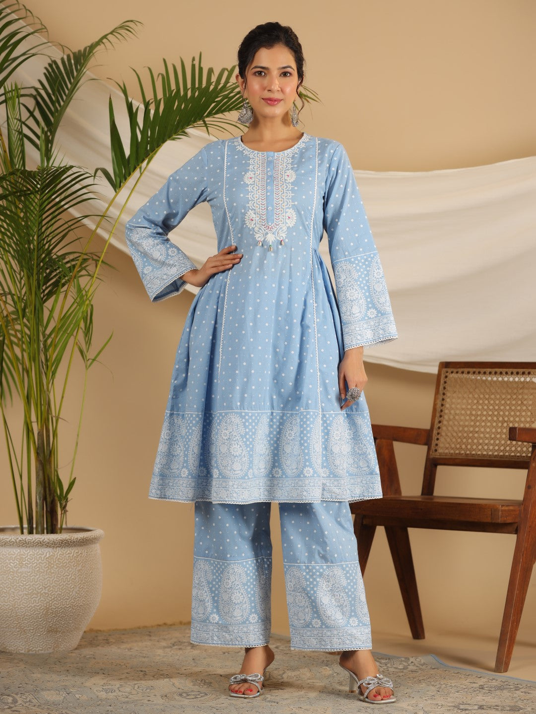 Juniper Pure Cotton Powder Blue Ethnic Motif Printed Kurta Palazzo With Dupatta Set With Thread Embroidery