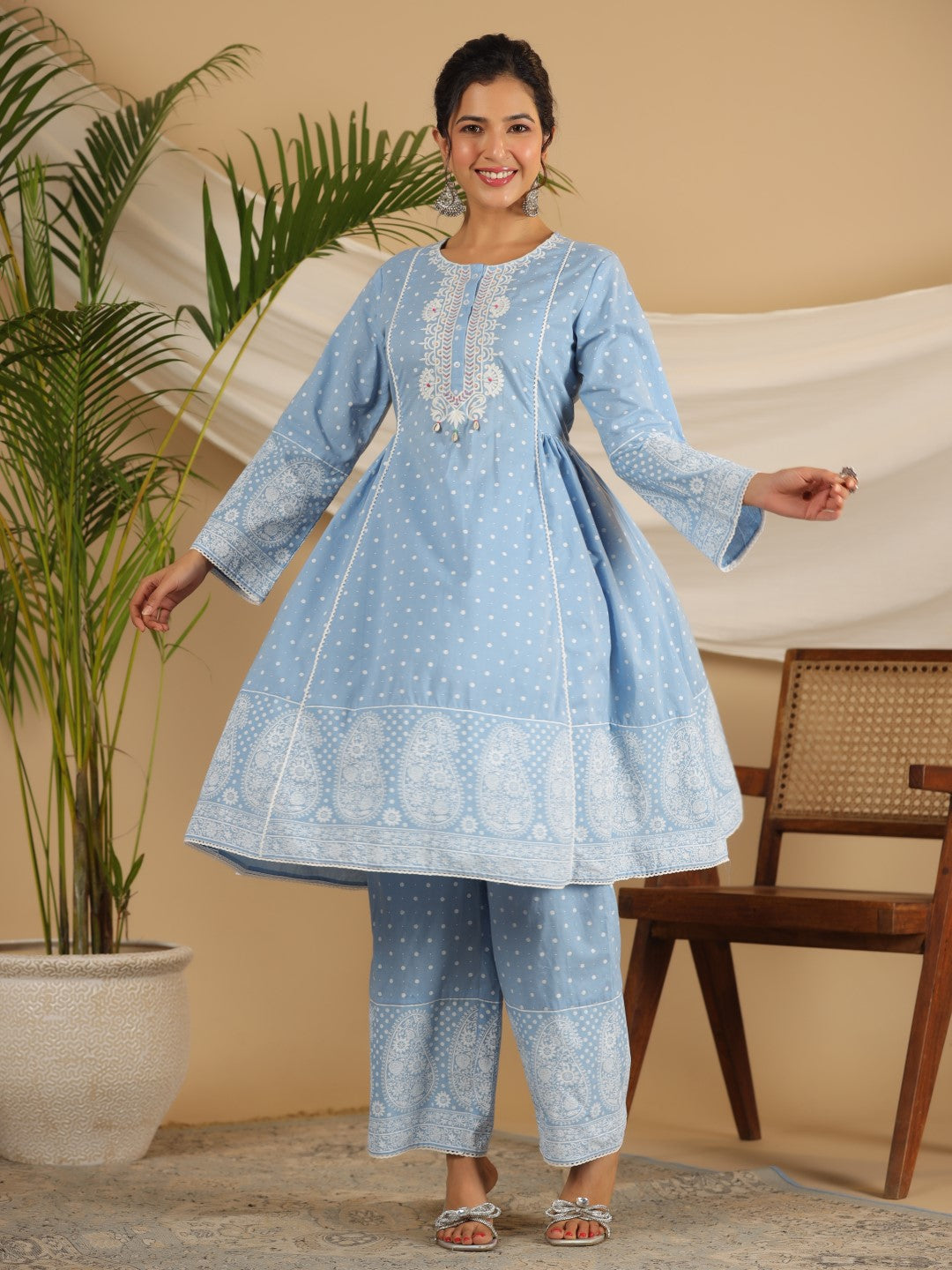 Juniper Pure Cotton Powder Blue Ethnic Motif Printed Kurta Palazzo With Dupatta Set With Thread Embroidery