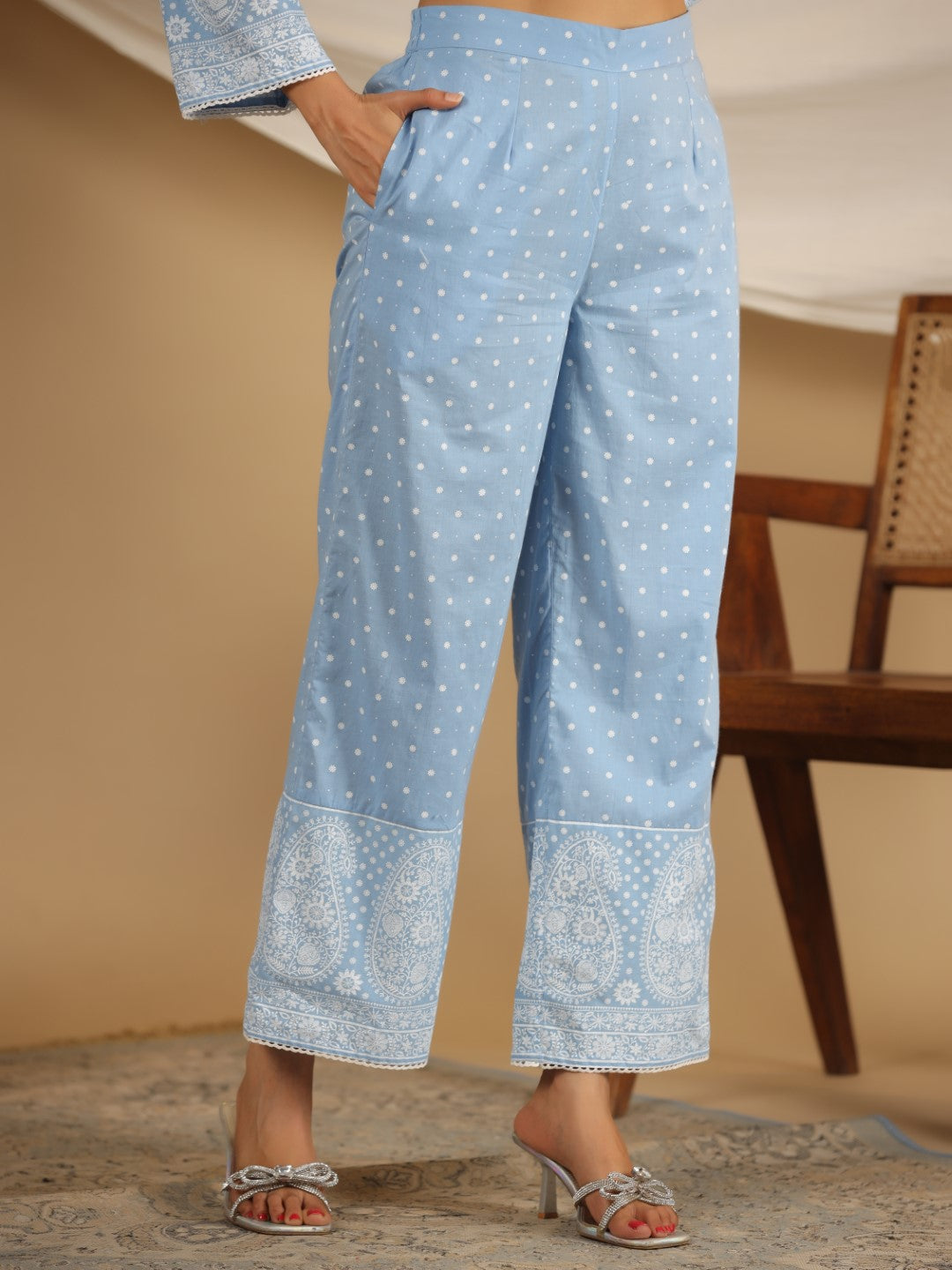 Juniper Pure Cotton Powder Blue Ethnic Motif Printed Kurta Palazzo With Dupatta Set With Thread Embroidery