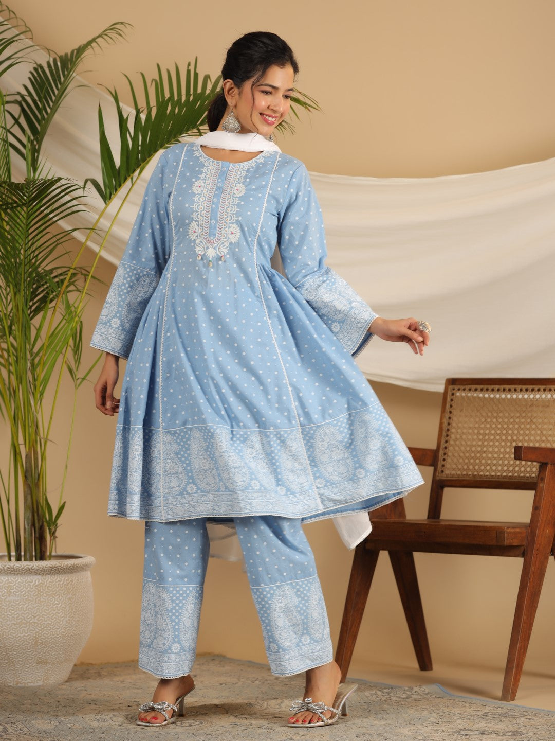 Juniper Pure Cotton Powder Blue Ethnic Motif Printed Kurta Palazzo With Dupatta Set With Thread Embroidery