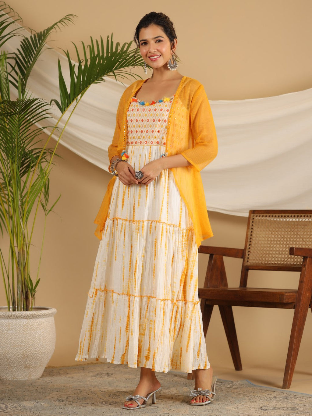Mustard Tie-Dye Cotton Dress with Mirror Work Embroidery