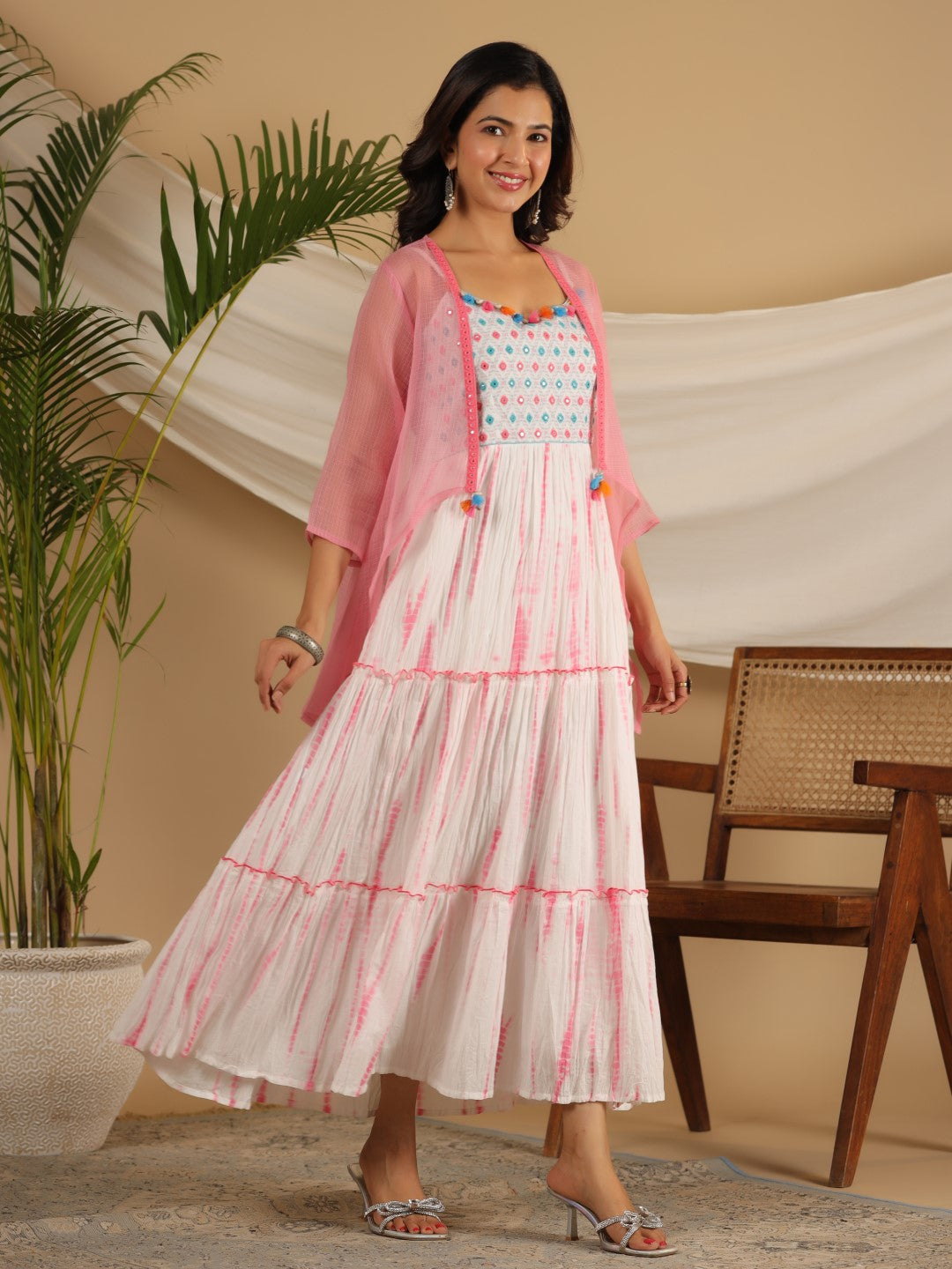 Juniper Pink Geometric Printed Pure Cotton Dress & Kota Doria Dupatta Within Mirror Work.