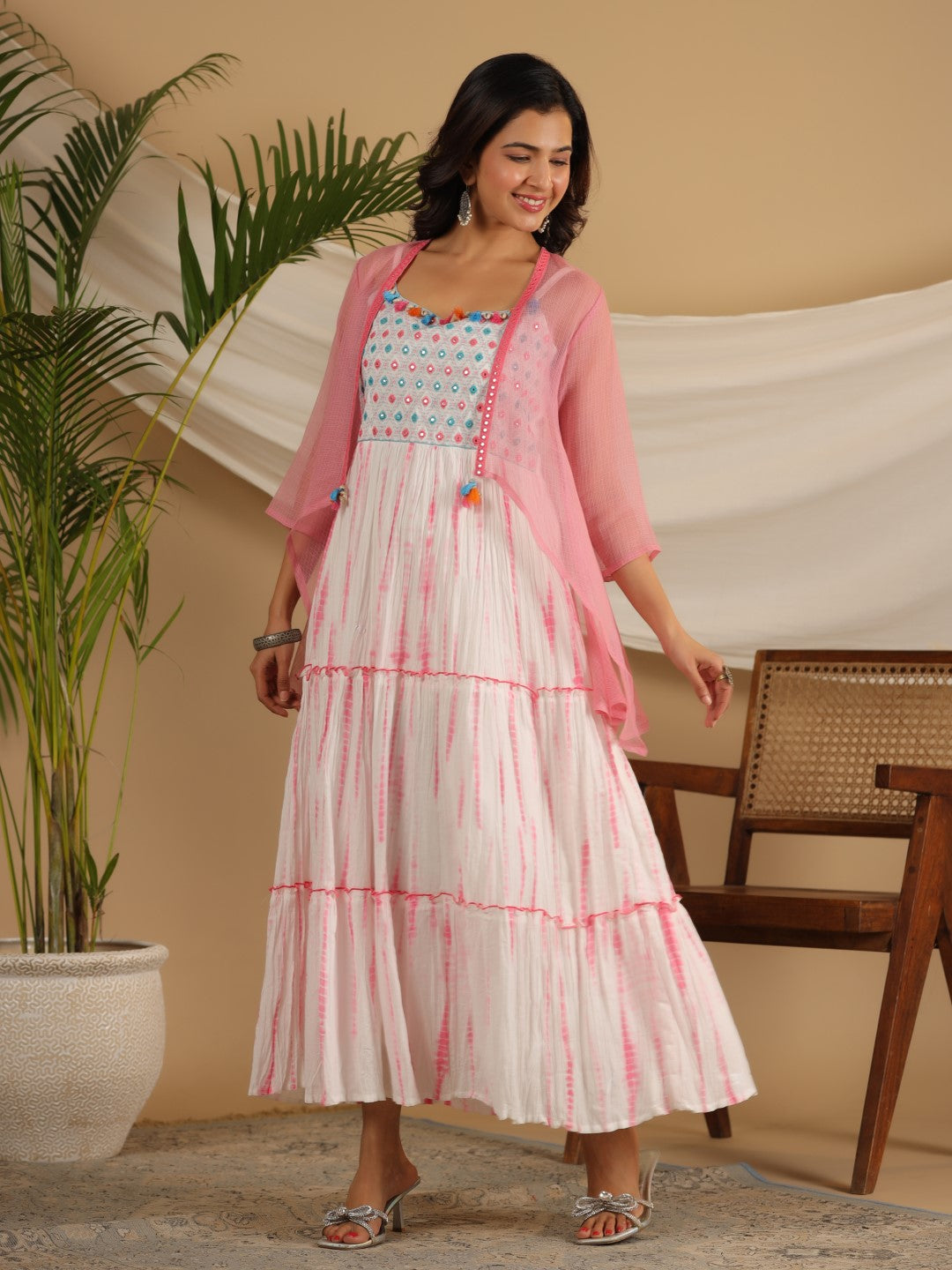 Juniper Pink Geometric Printed Pure Cotton Dress & Kota Doria Dupatta Within Mirror Work.