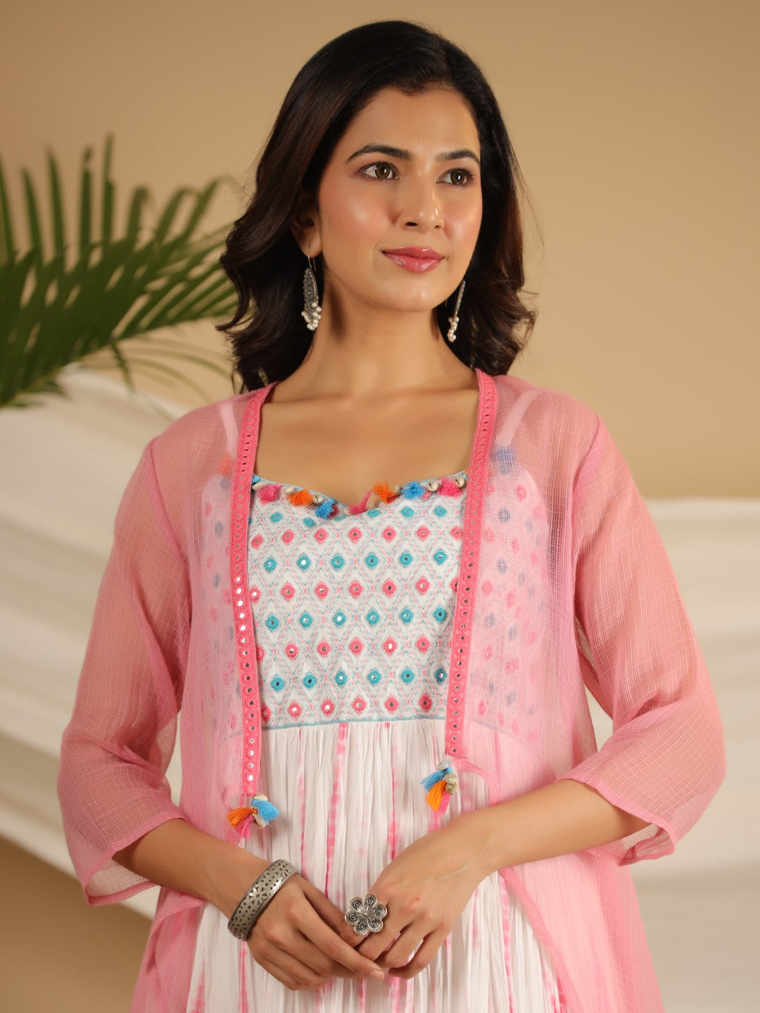 Juniper Pink Geometric Printed Pure Cotton Dress & Kota Doria Dupatta Within Mirror Work.