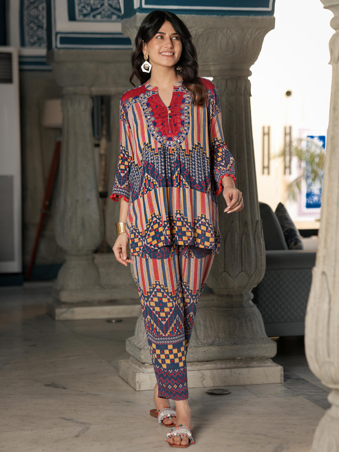 Juniper Red Abstract Printed Rayon Co-Ord Set With Mirror Work & Thread Embroidery