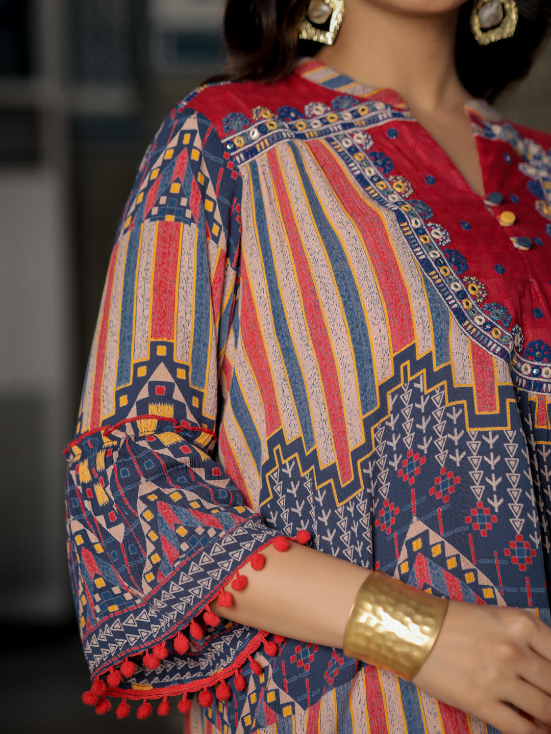 Juniper Red Abstract Printed Rayon Co-Ord Set With Mirror Work & Thread Embroidery