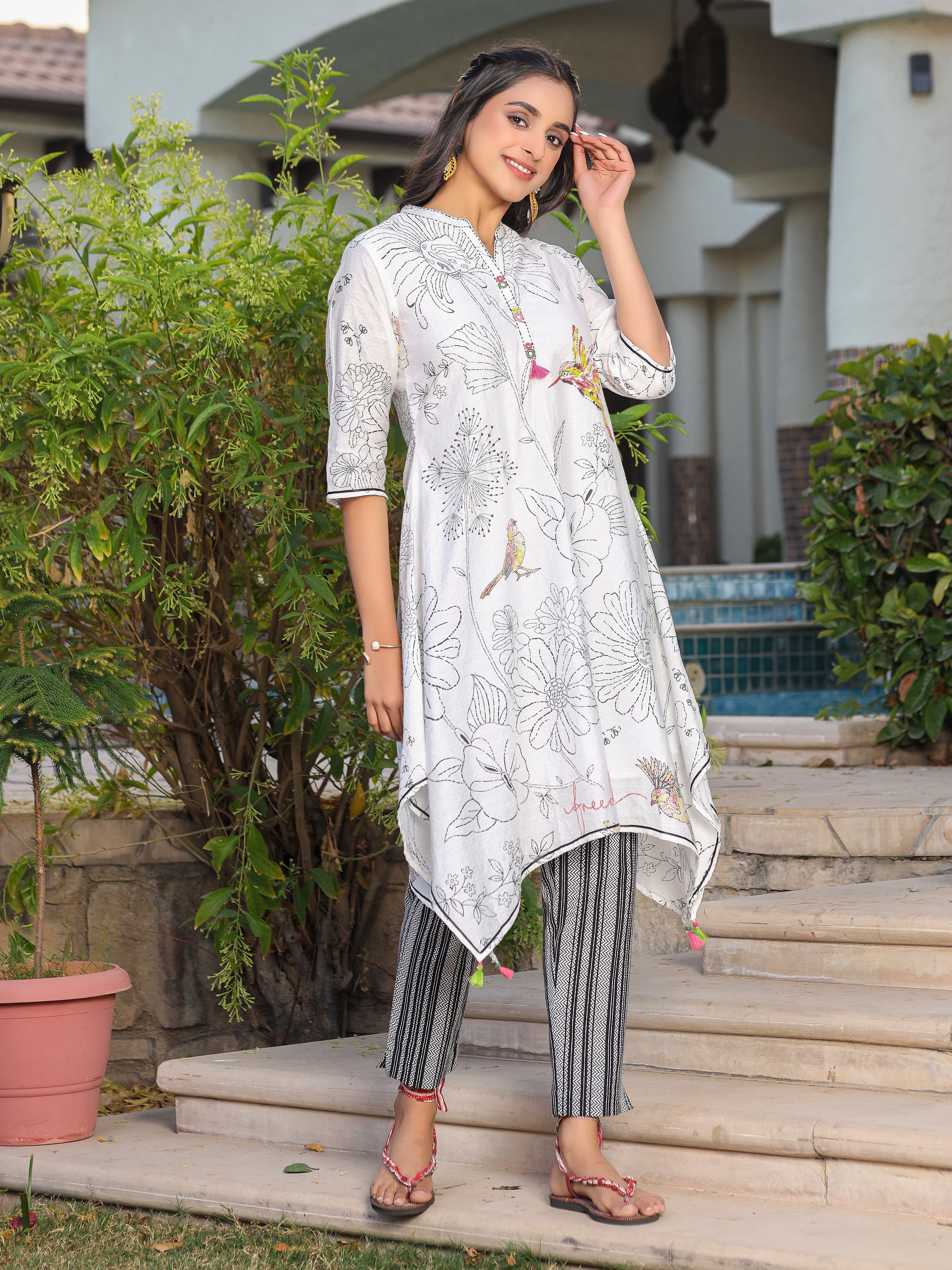 Juniper White Floral Printed Nylon Dobby Kurta & Pants Set With Lace Work