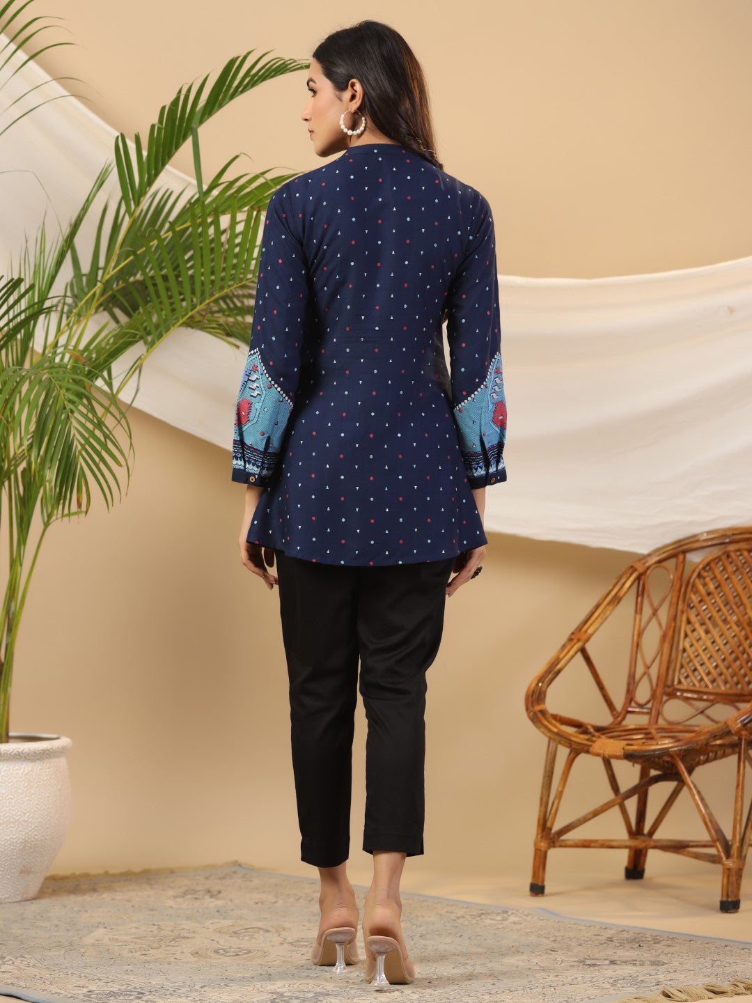 Juniper Navy Blue Geometric Printed Rayon Slub Long Cuff Sleeves Tunic