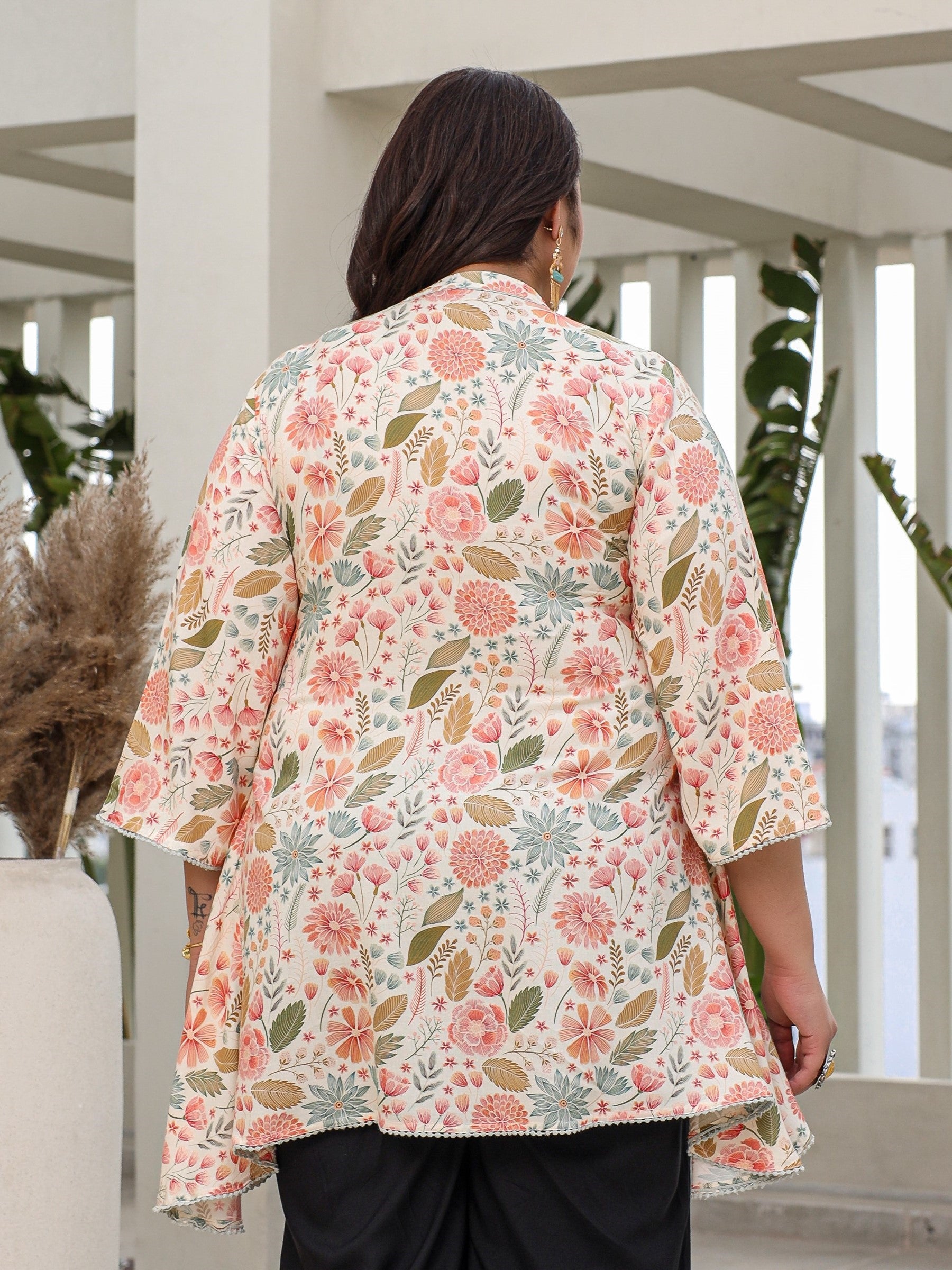 Ivory Floral Printed Rayon High-Low Plus Size Tunic With Lace