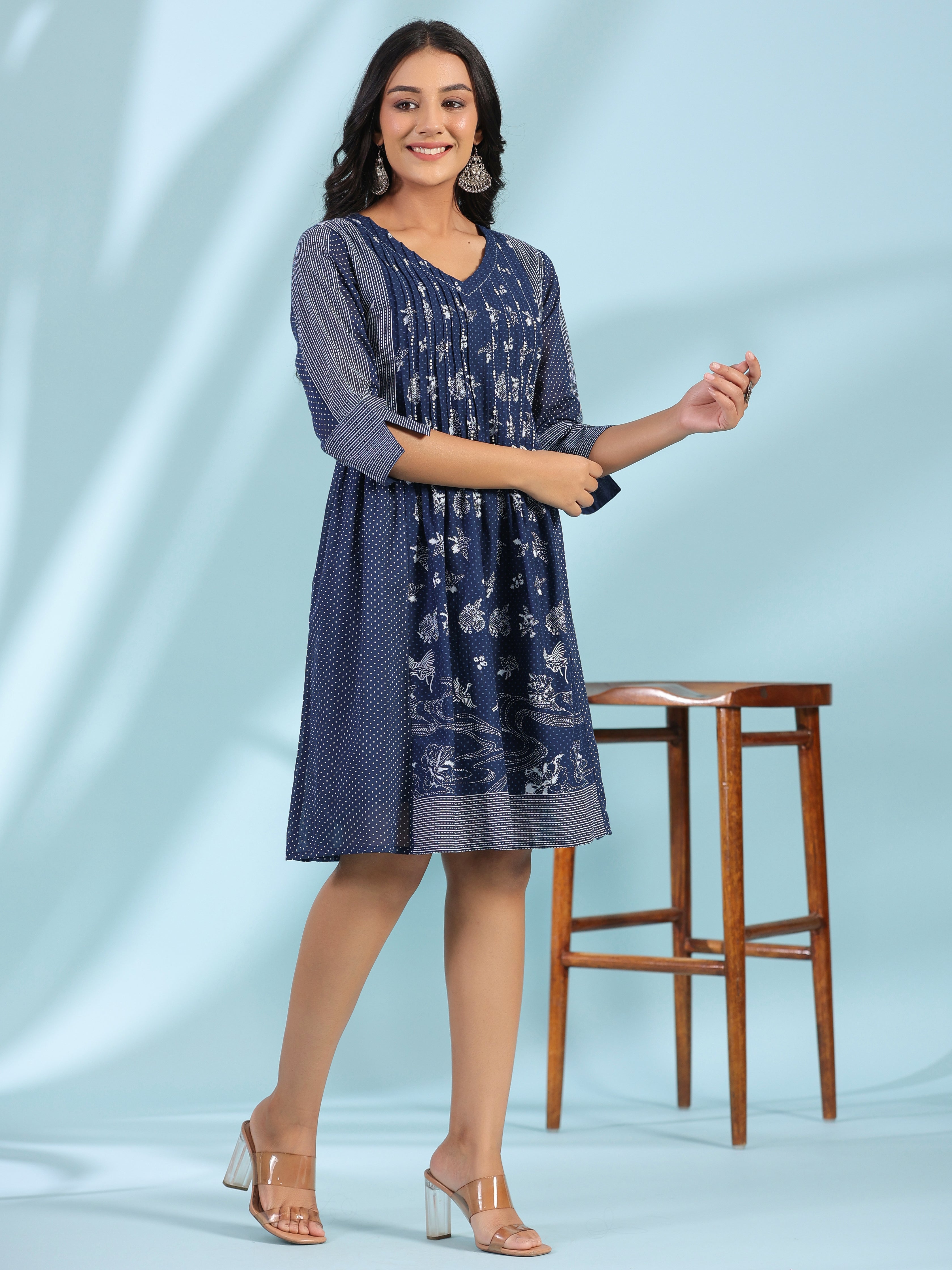Juniper Women Blue Cotton Voile Printed Short Dress
