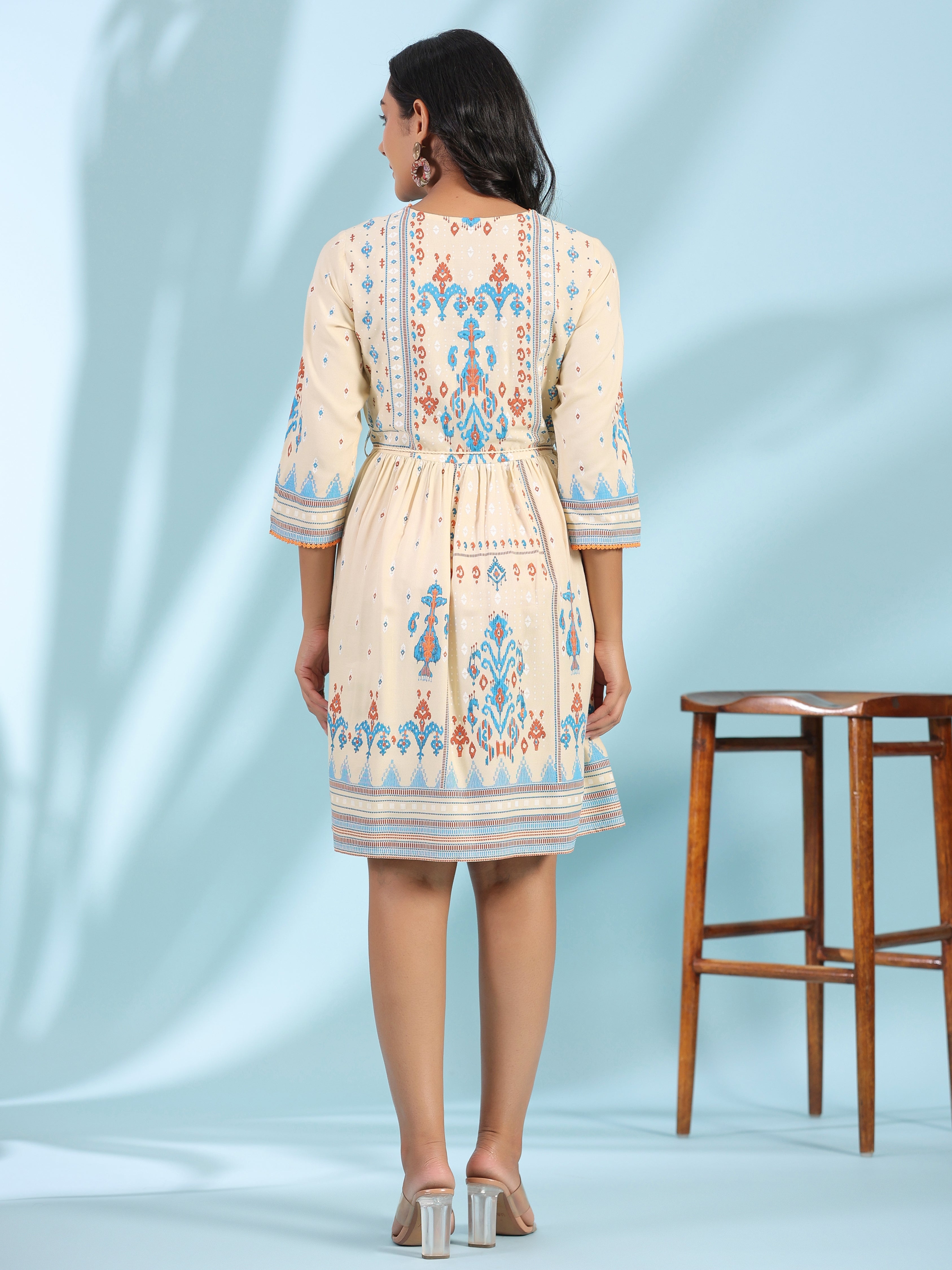 Juniper Off-White Rayon Ikat Printed Fit & Flare Lacy Short Dress With Dori Tie-Up At Waist