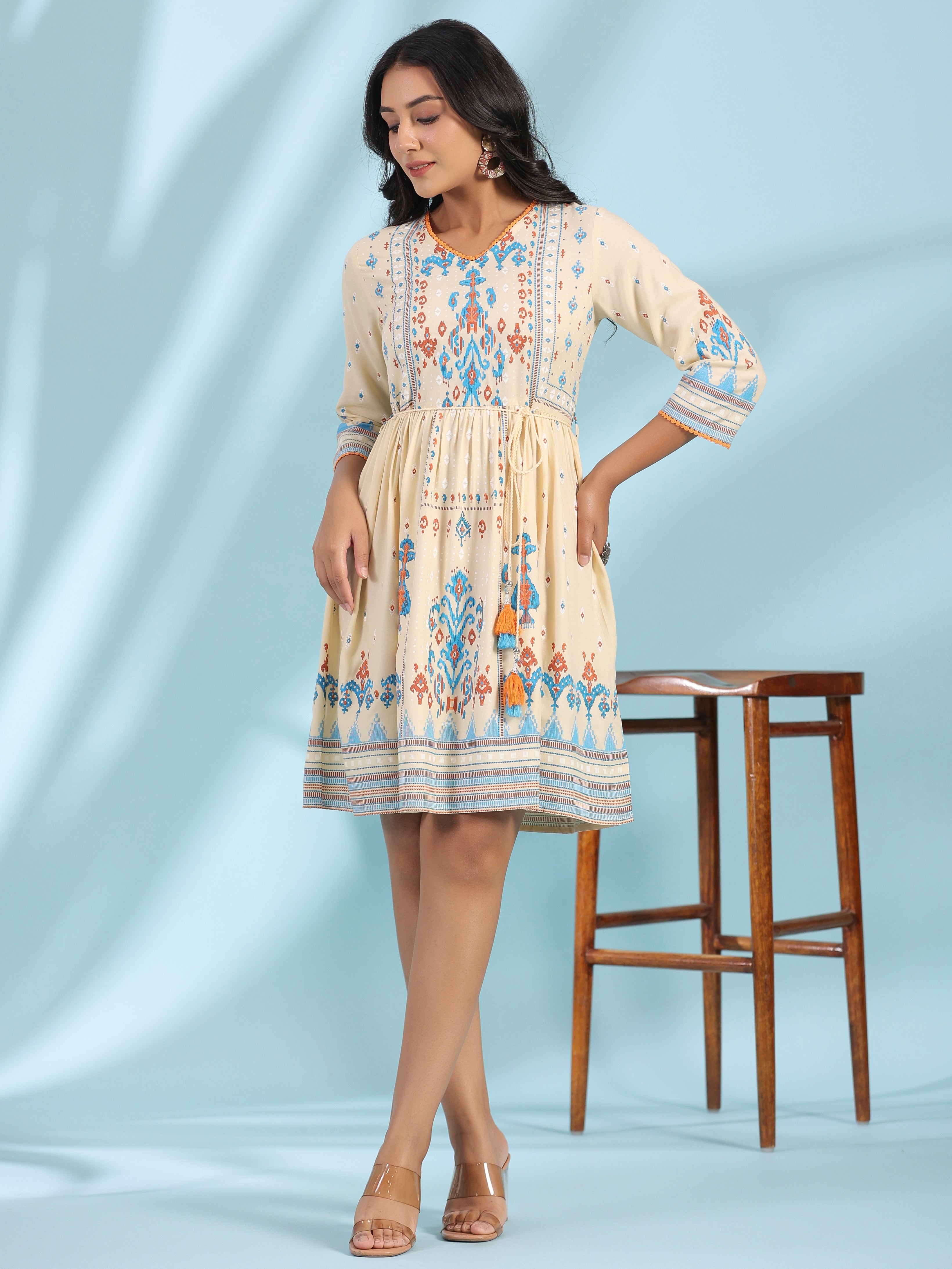 Juniper Off-White Rayon Ikat Printed Fit & Flare Lacy Short Dress With Dori Tie-Up At Waist