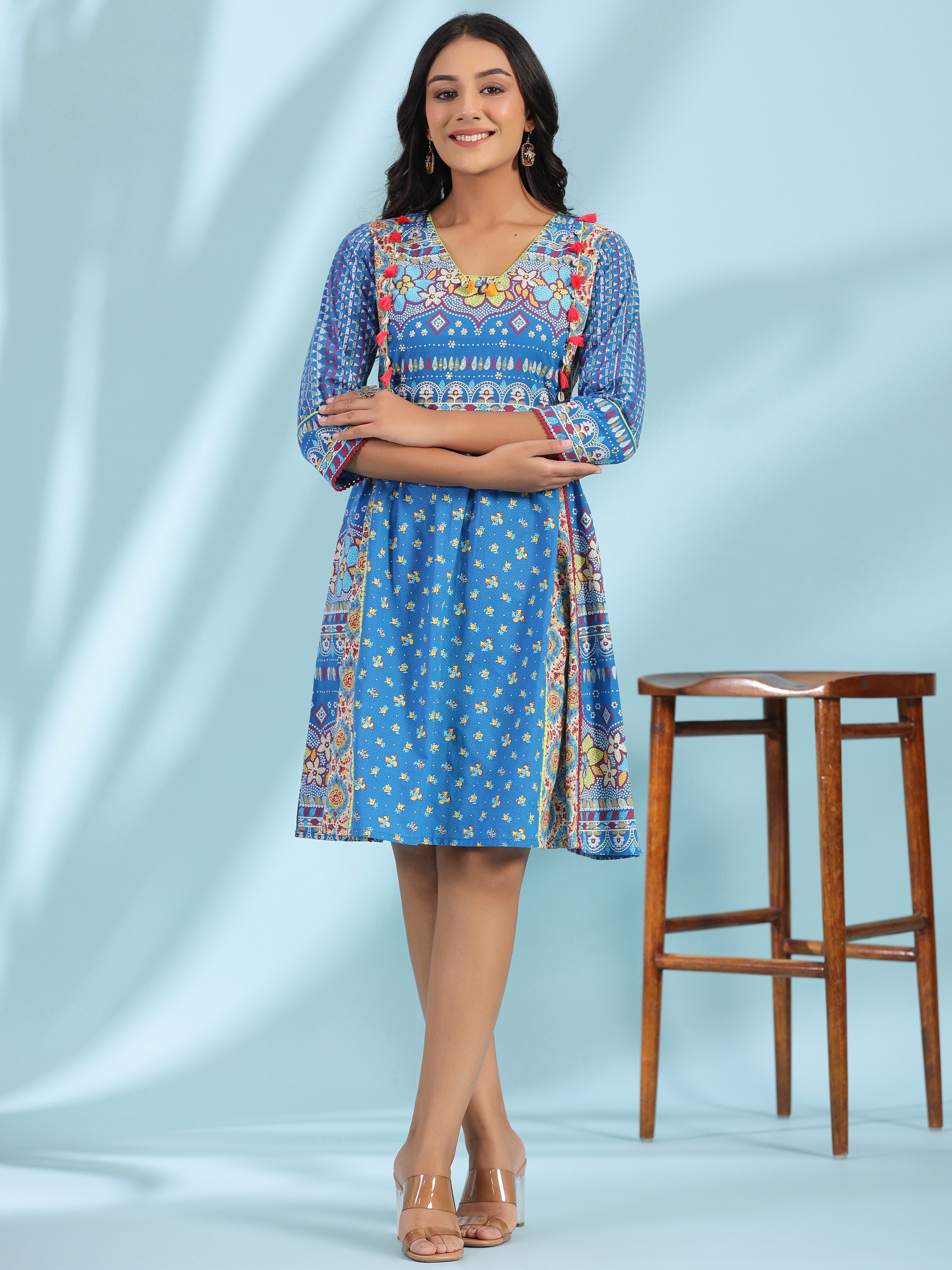 Juniper Women Blue Cotton Cambric Printed Dress