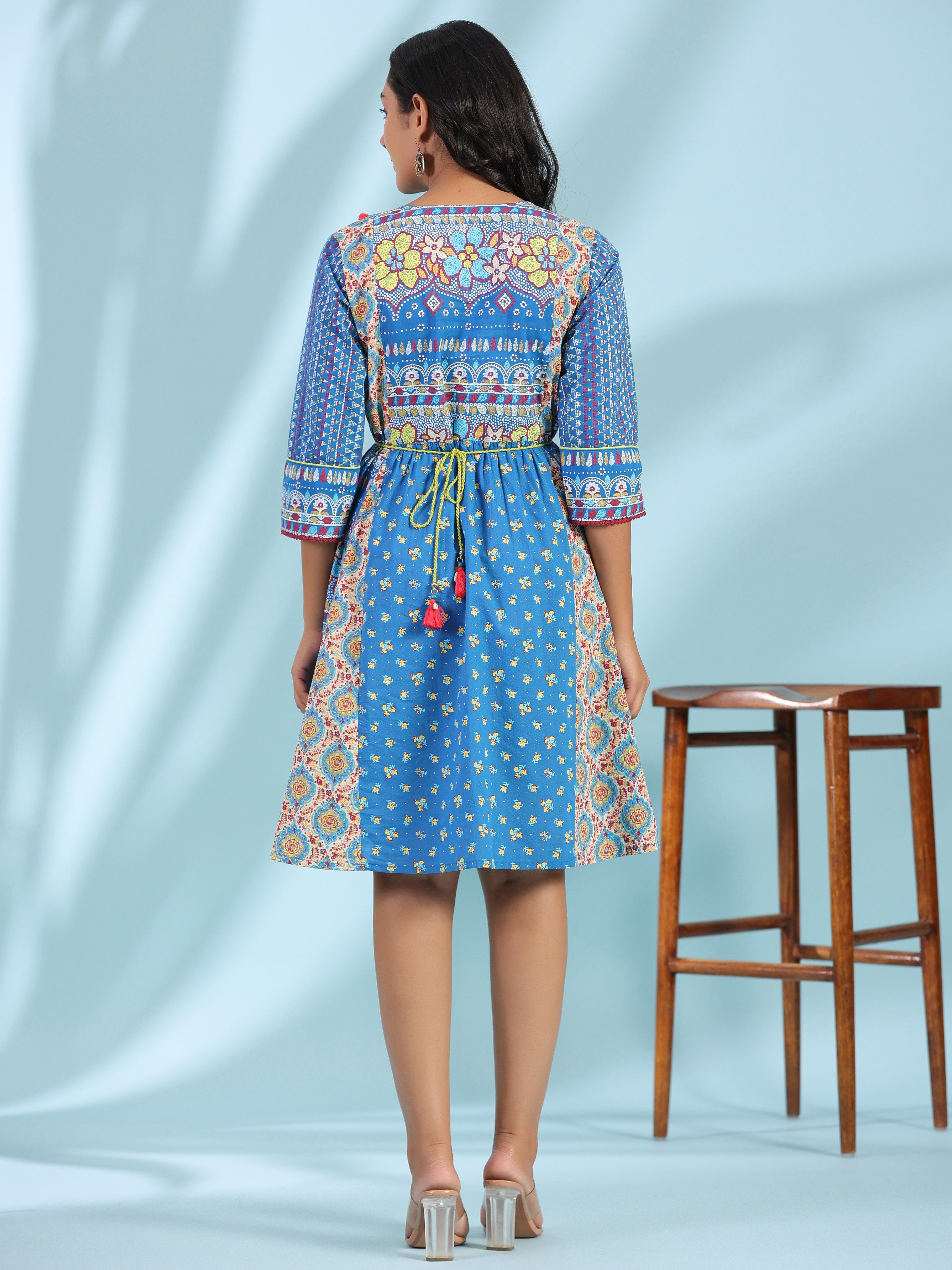 Juniper Women Blue Cotton Cambric Printed Dress