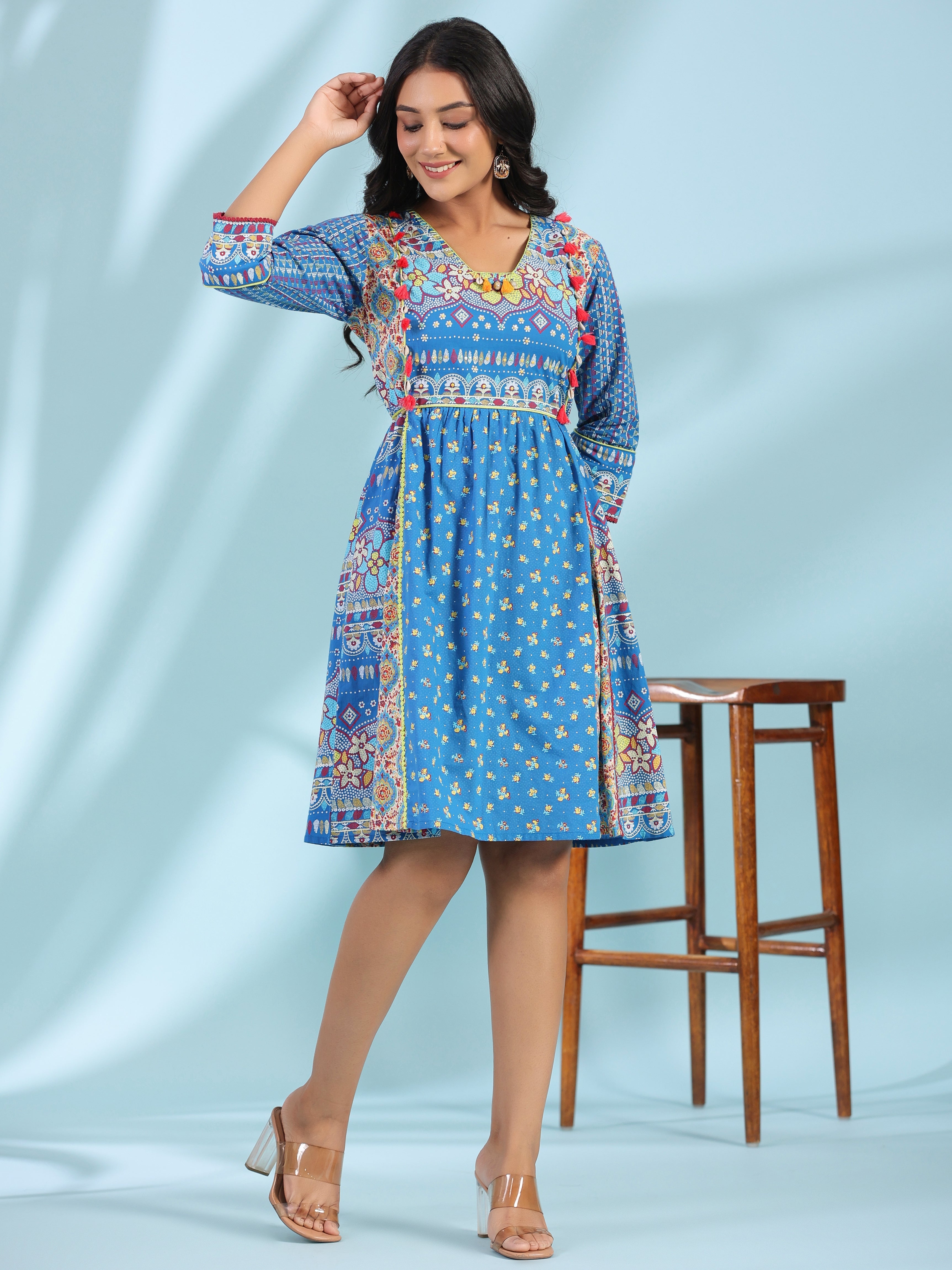 Juniper Women Blue Cotton Cambric Printed Dress