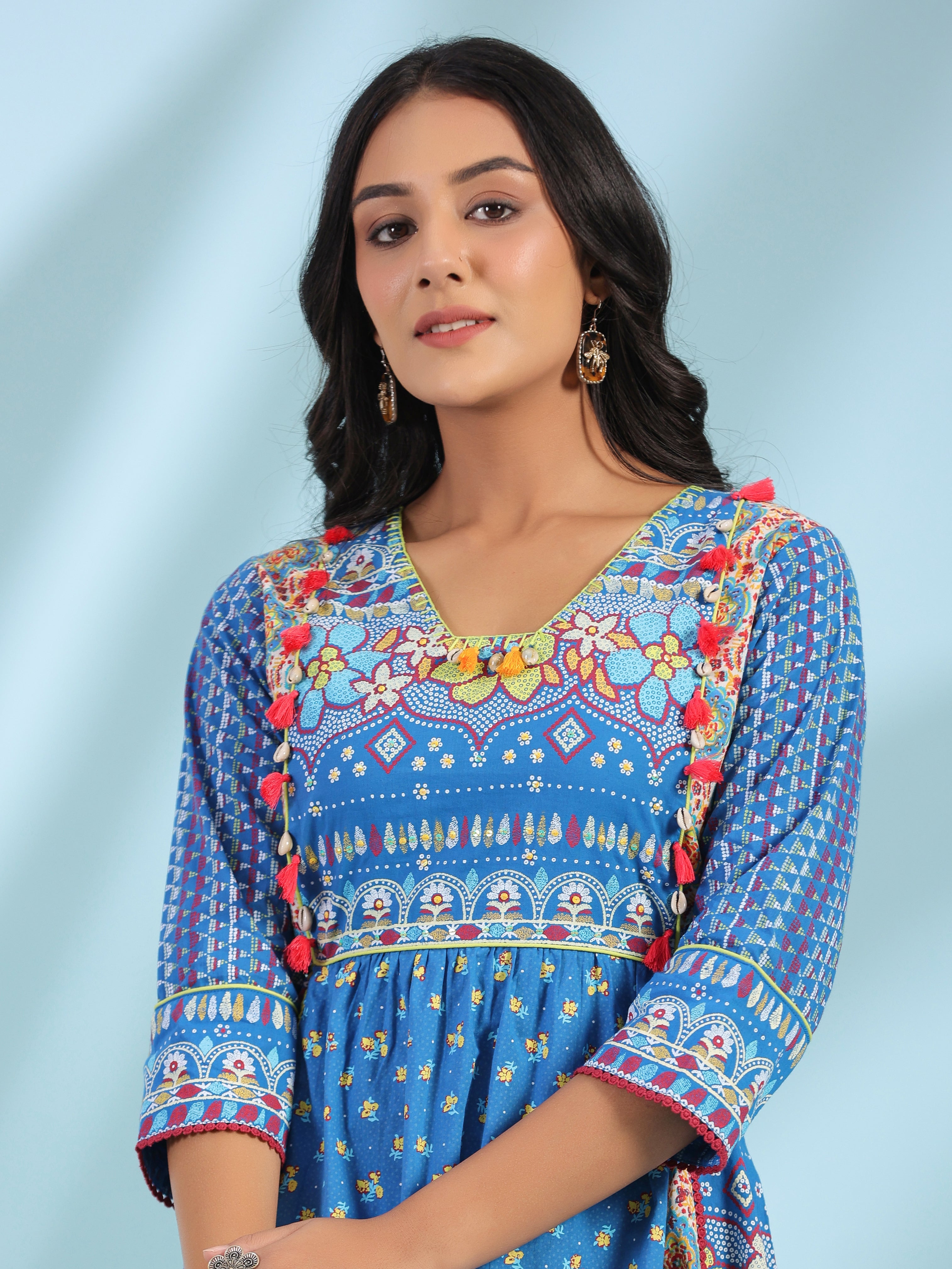 Juniper Women Blue Cotton Cambric Printed Dress