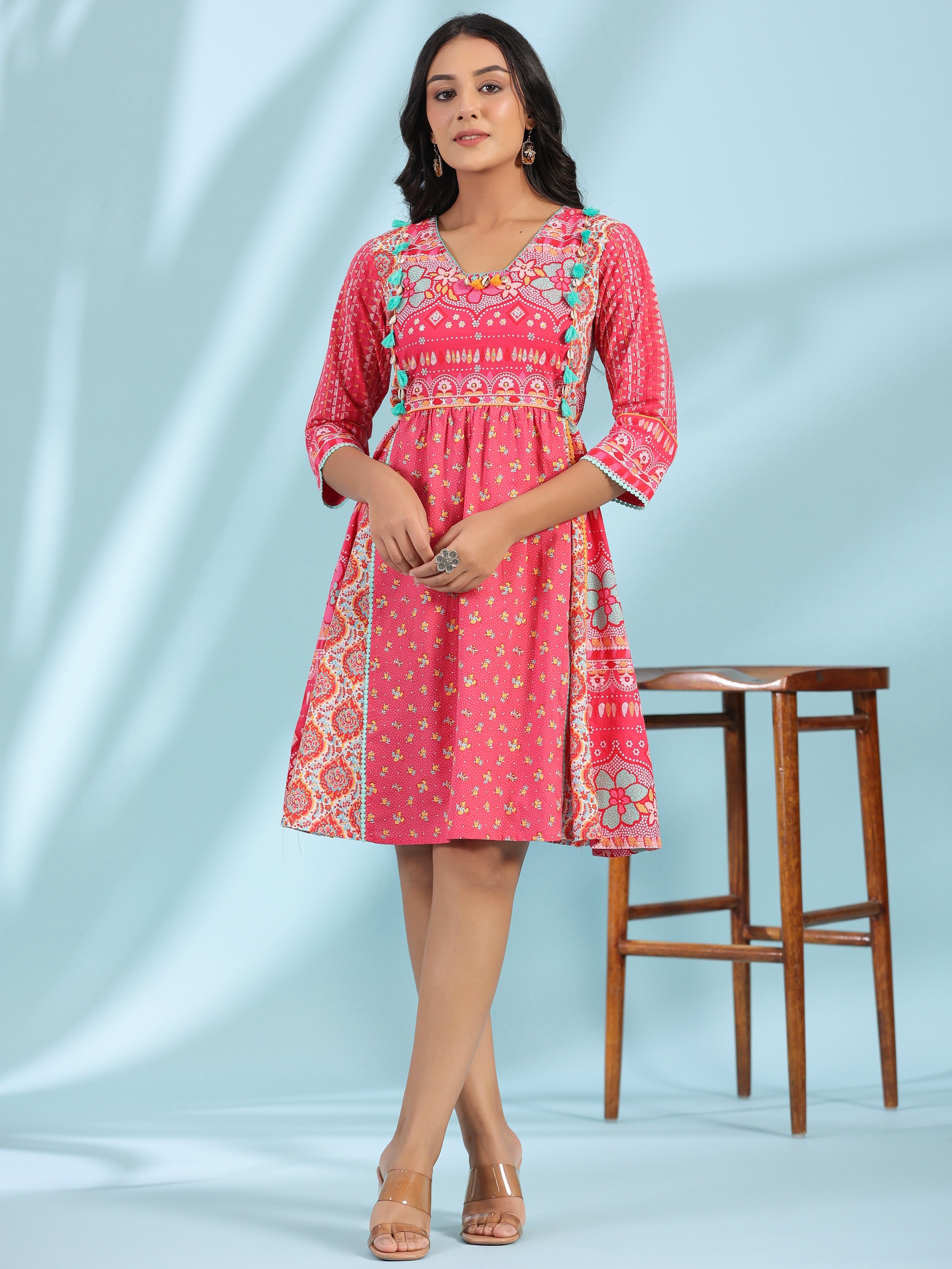 Juniper Pink Pure Cotton Floral Printed Panelled Short Dress With Contrasting Tassels & Beadwork