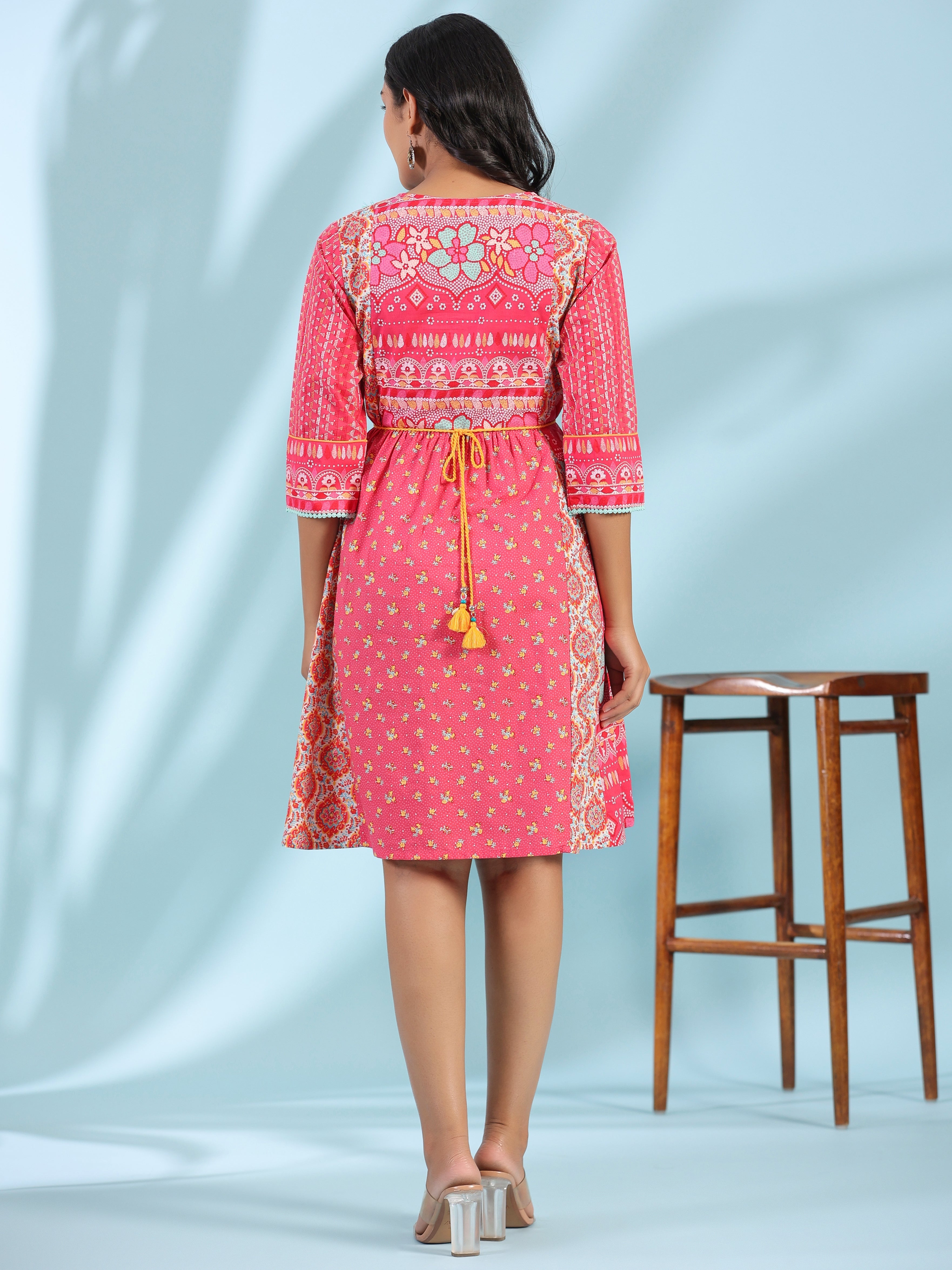 Juniper Pink Pure Cotton Floral Printed Panelled Short Dress With Contrasting Tassels & Beadwork