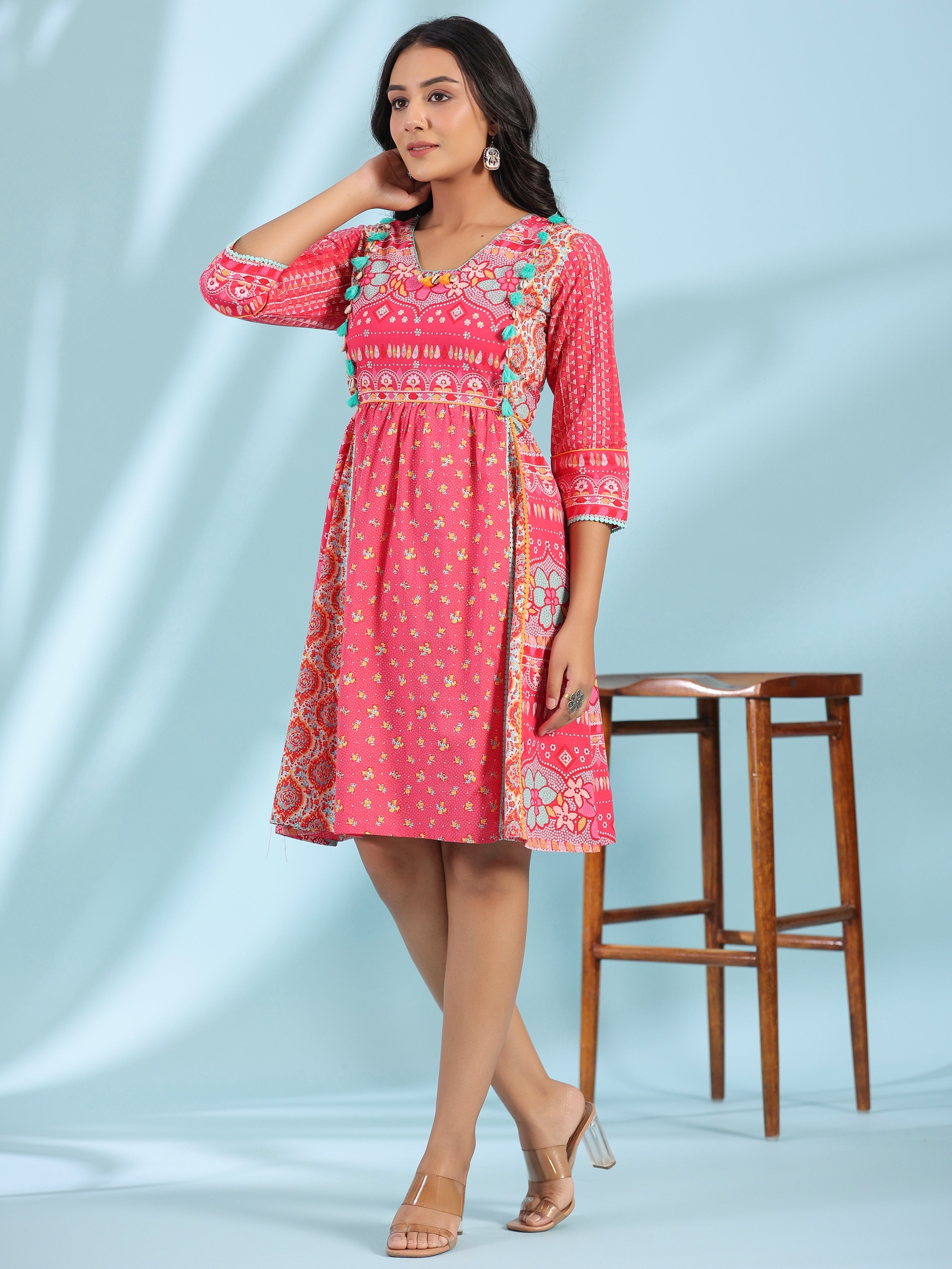 Juniper Pink Pure Cotton Floral Printed Panelled Short Dress With Contrasting Tassels & Beadwork