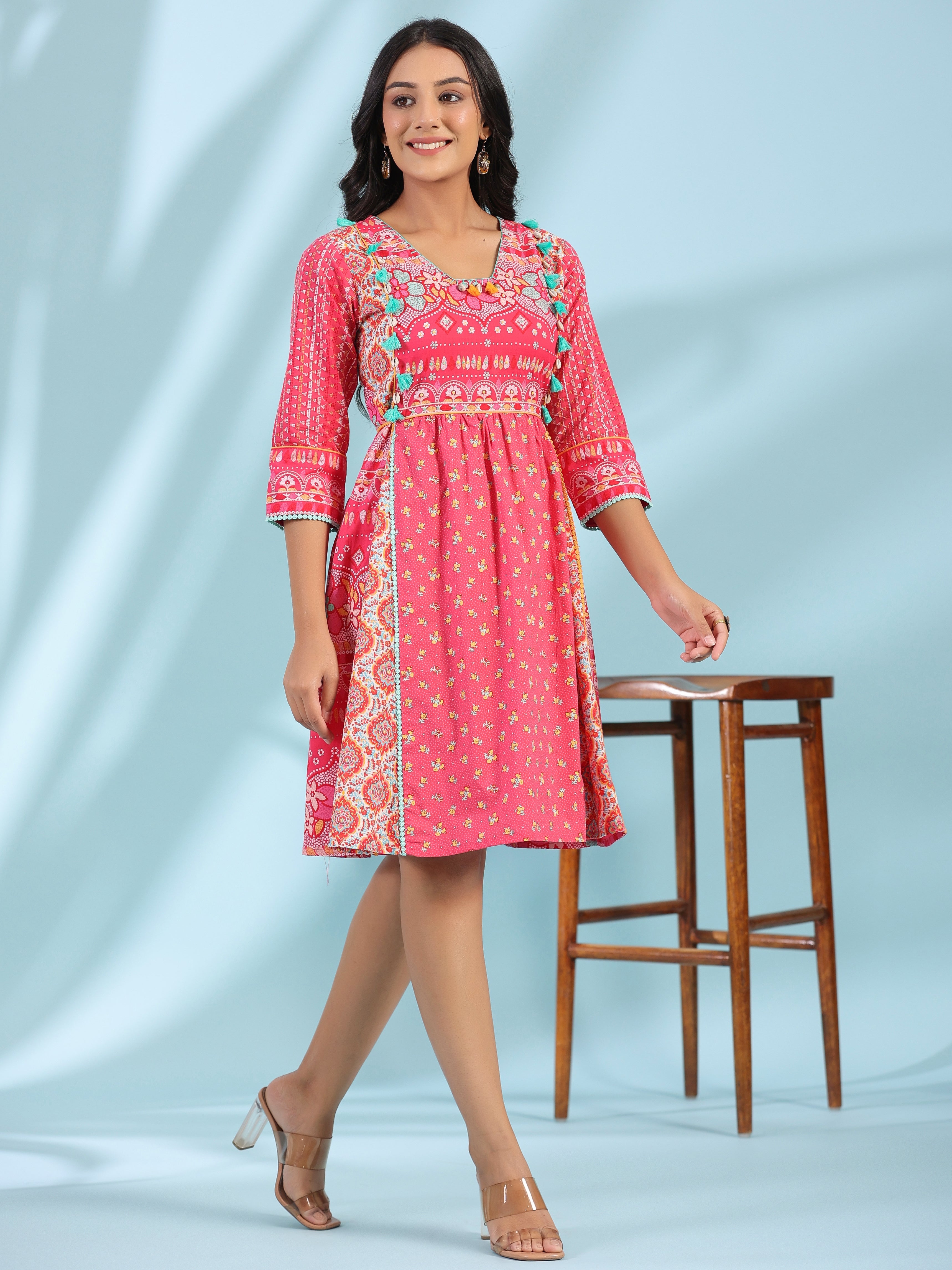 Juniper Pink Pure Cotton Floral Printed Panelled Short Dress With Contrasting Tassels & Beadwork