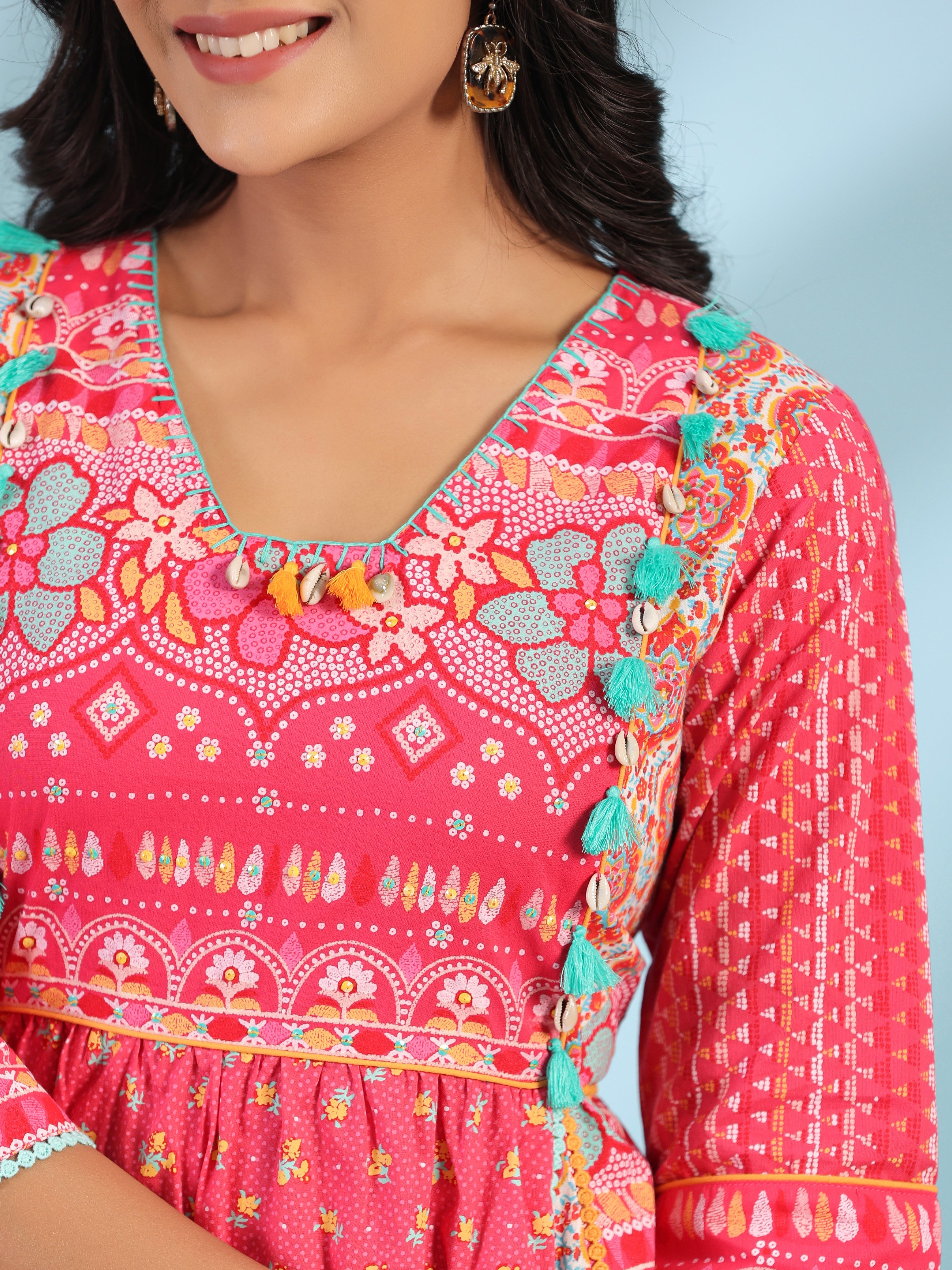 Juniper Pink Pure Cotton Floral Printed Panelled Short Dress With Contrasting Tassels & Beadwork