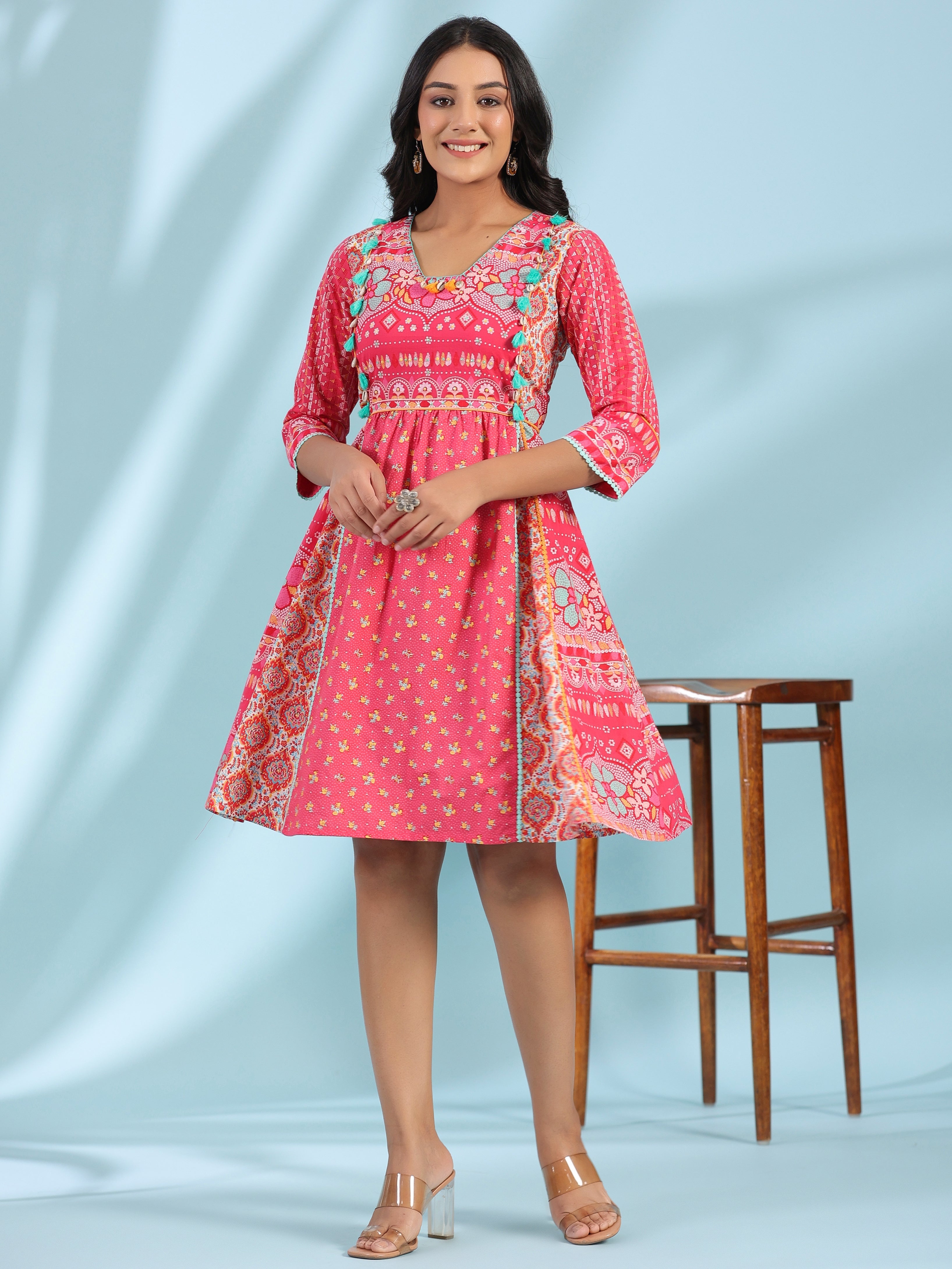 Juniper Pink Pure Cotton Floral Printed Panelled Short Dress With Contrasting Tassels & Beadwork