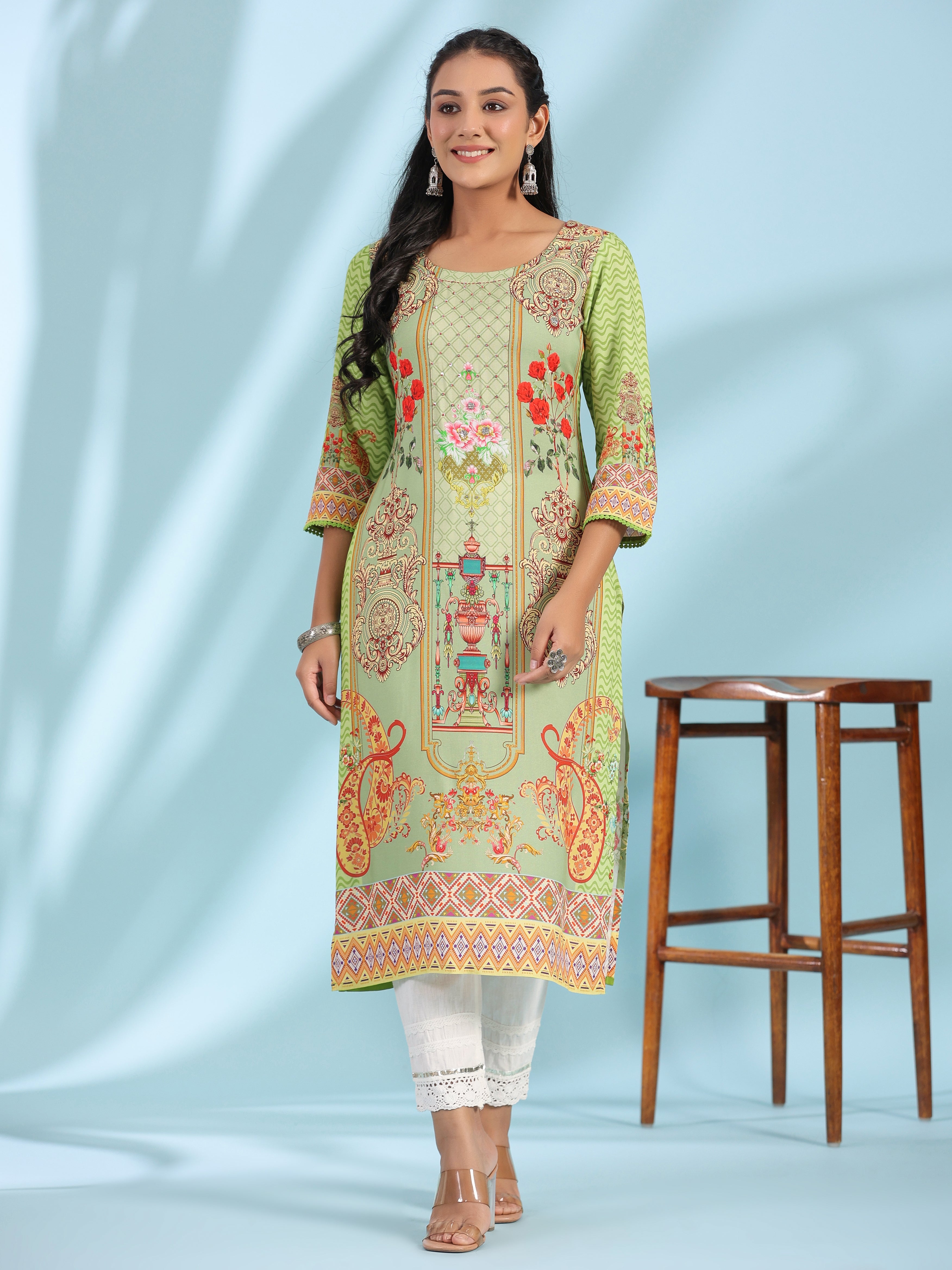 Juniper Green Rayon Floral Printed Round Neck Straight Kurta With Beadwork