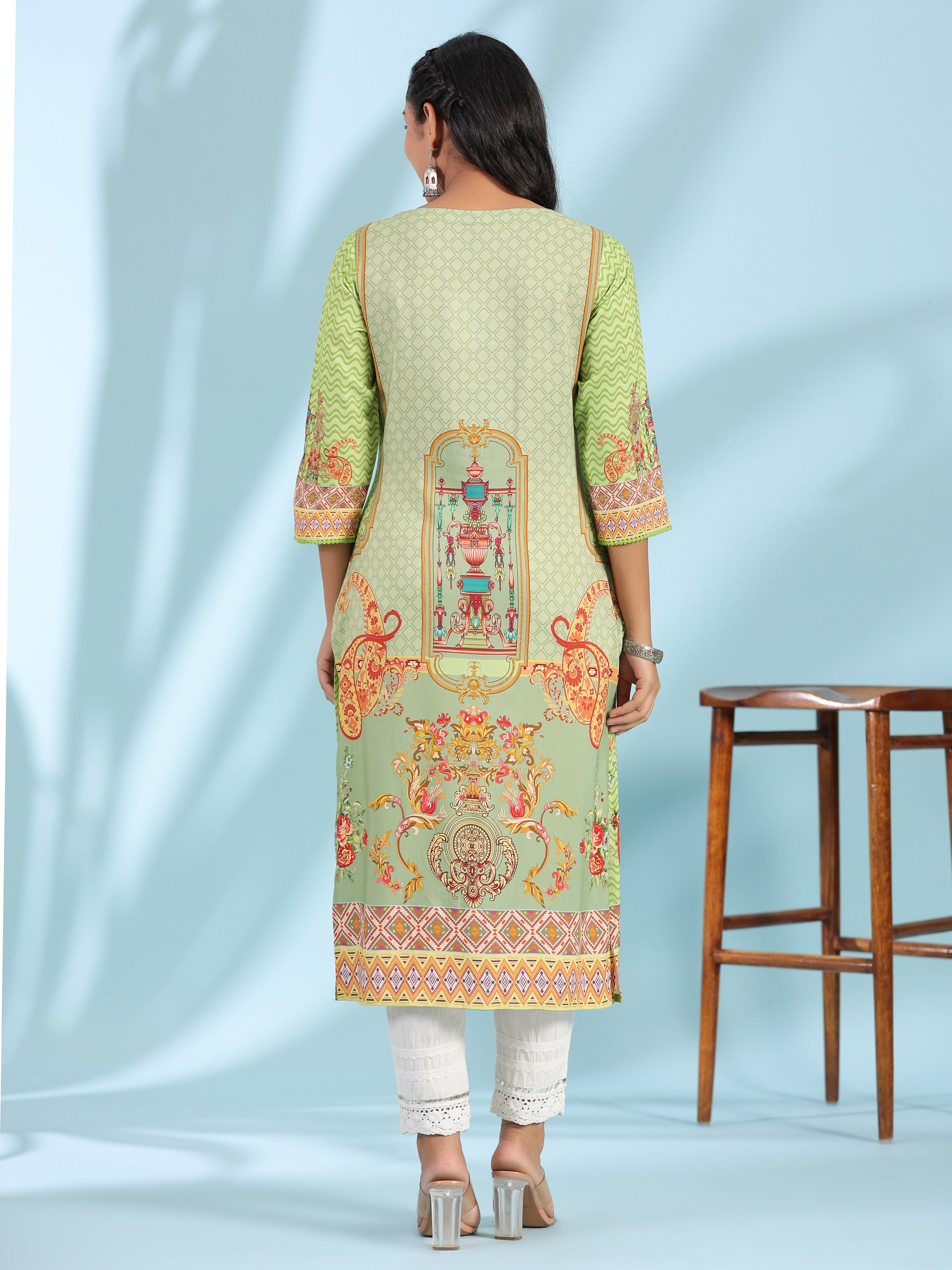 Juniper Green Rayon Floral Printed Round Neck Straight Kurta With Beadwork