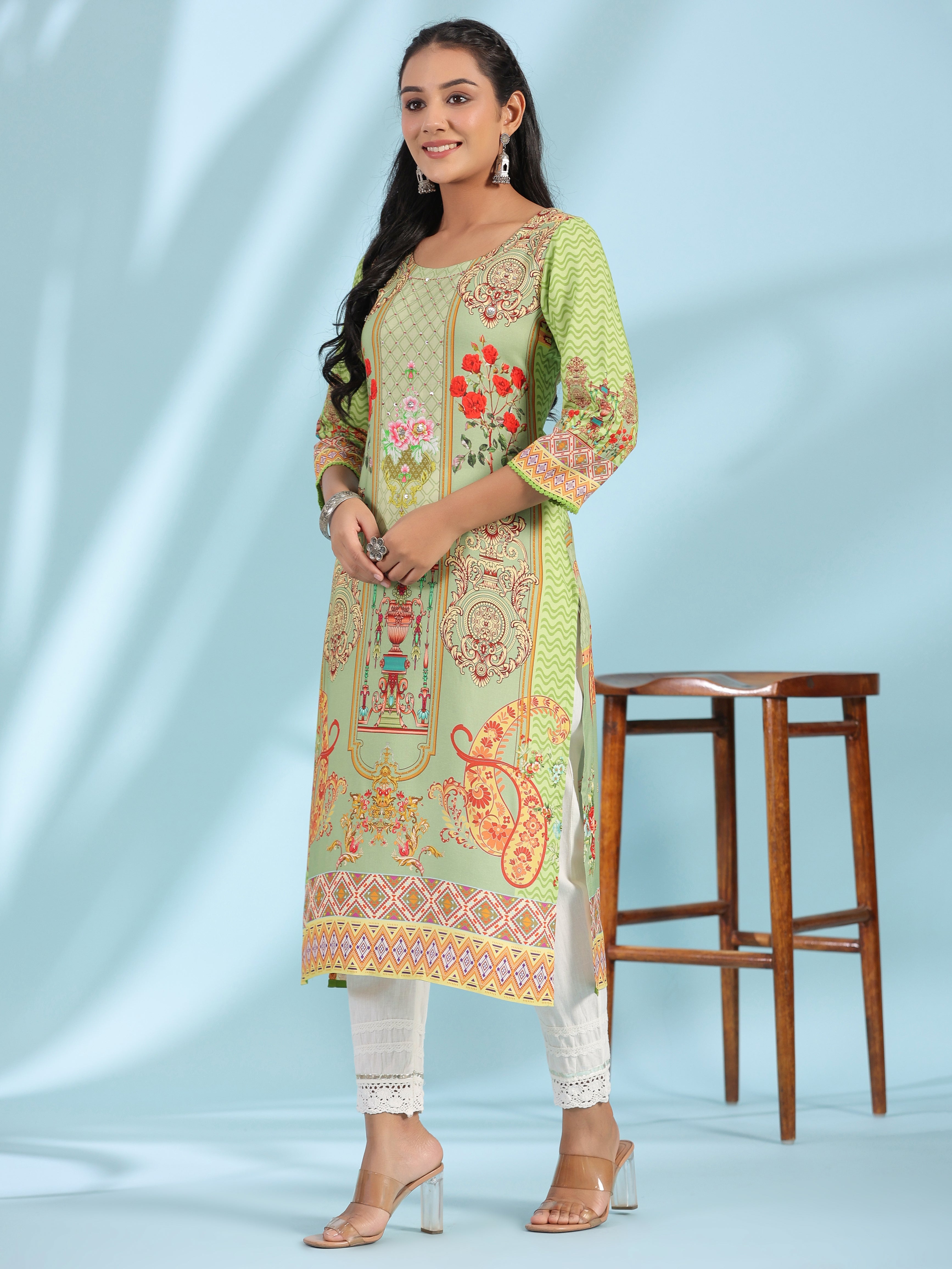 Juniper Green Rayon Floral Printed Round Neck Straight Kurta With Beadwork