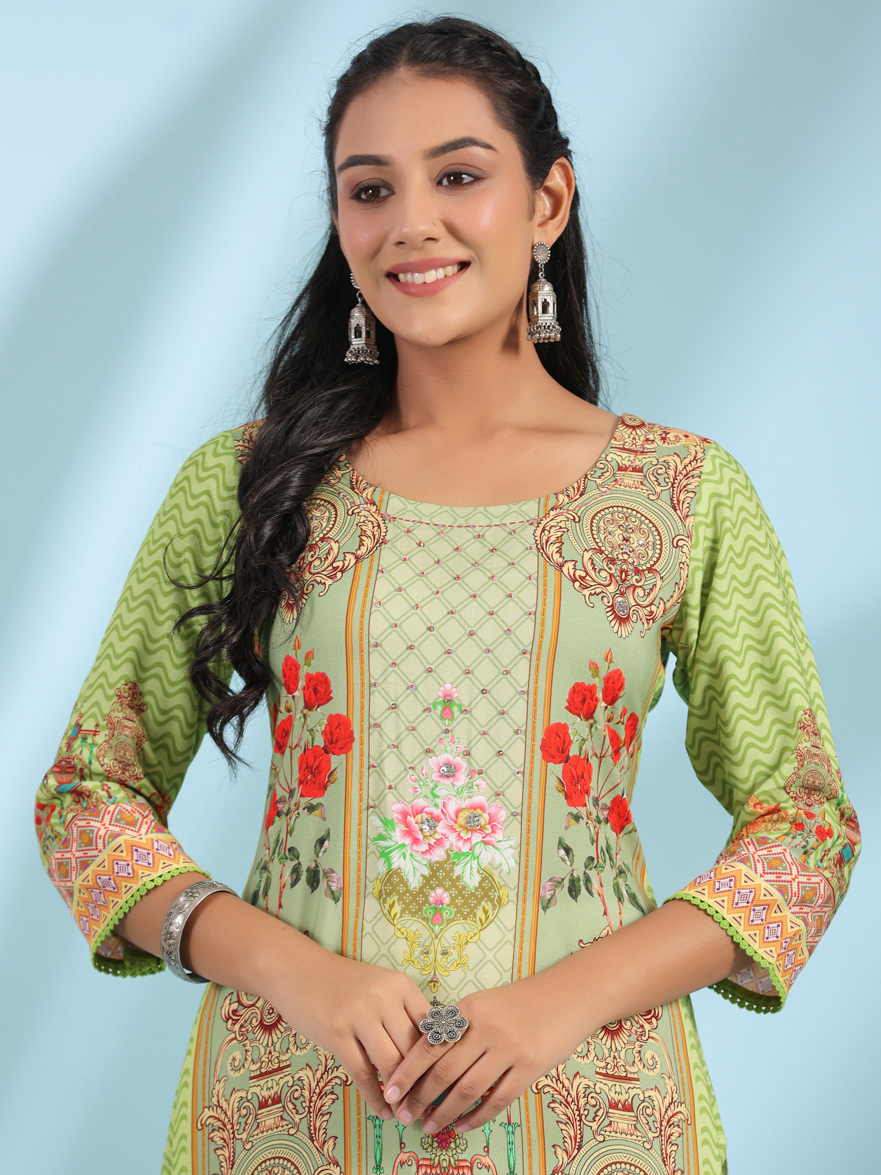 Juniper Green Rayon Floral Printed Round Neck Straight Kurta With Beadwork