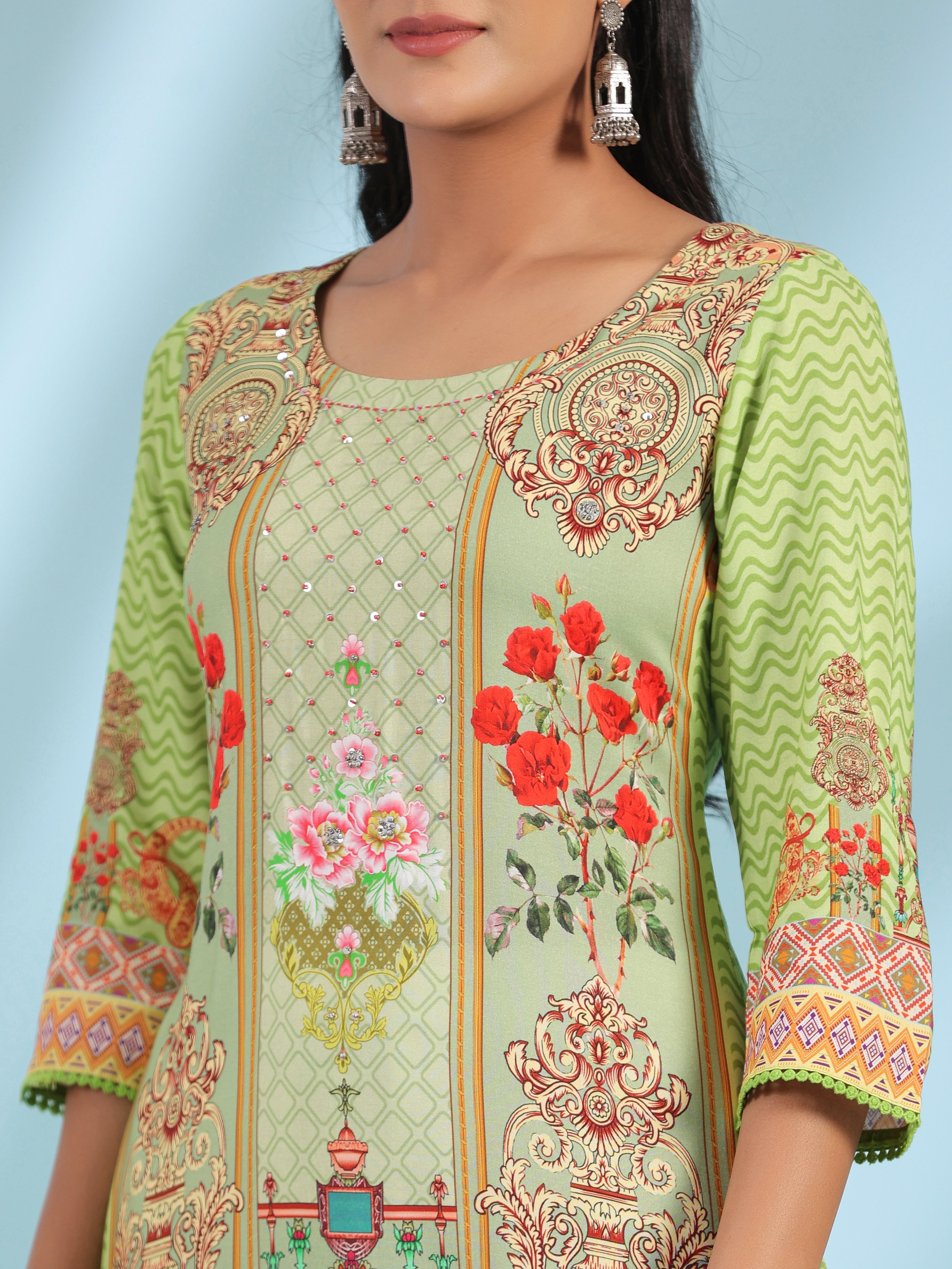 Juniper Green Rayon Floral Printed Round Neck Straight Kurta With Beadwork