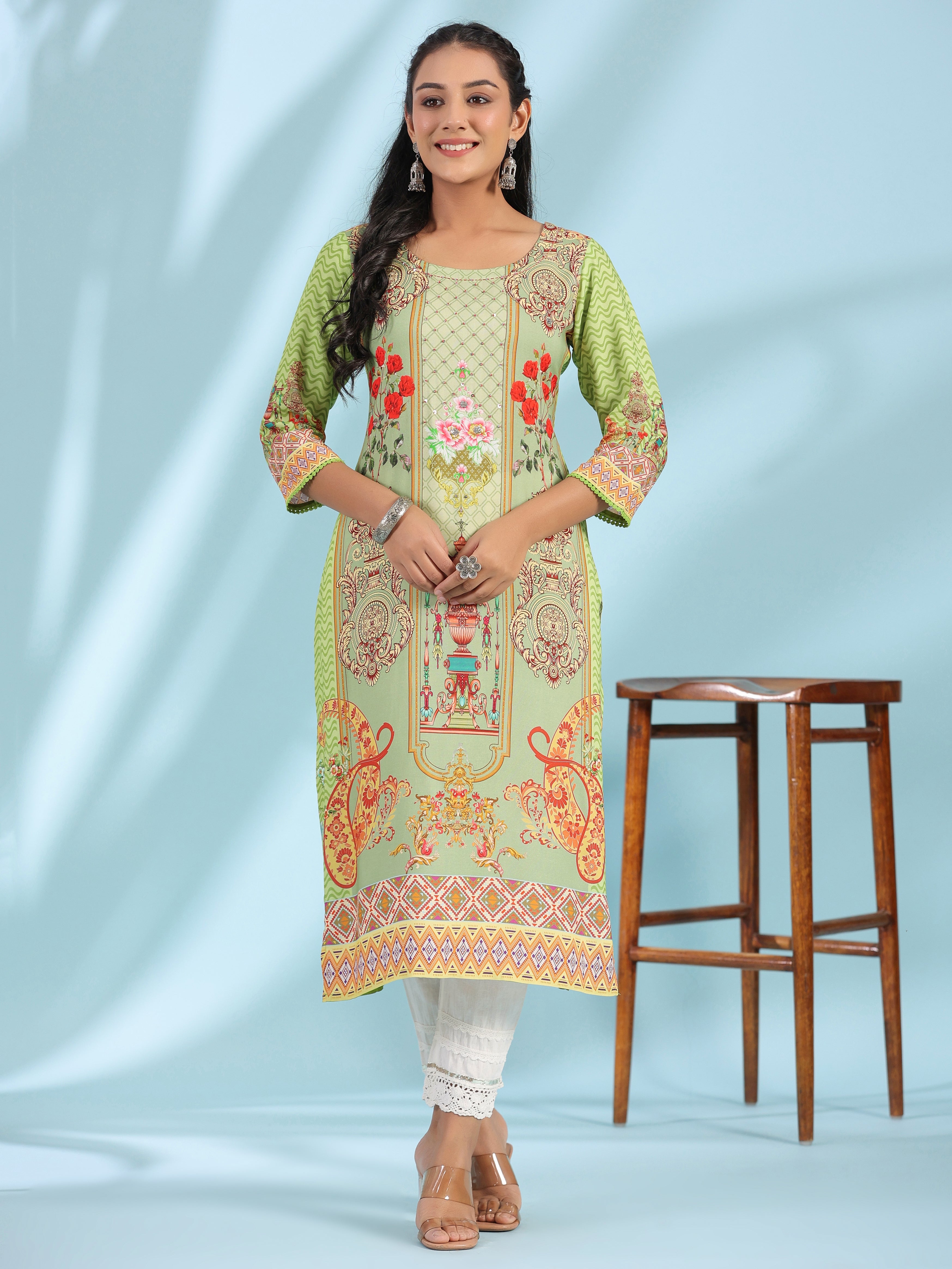 Juniper Green Rayon Floral Printed Round Neck Straight Kurta With Beadwork