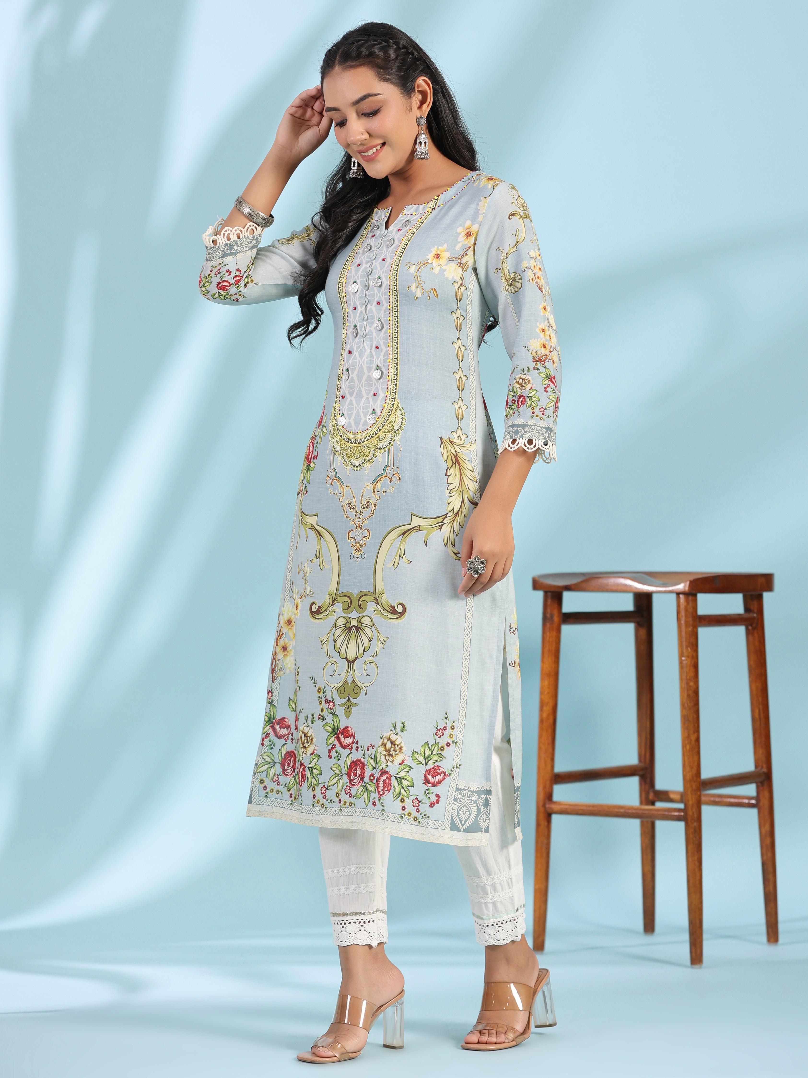 Juniper Grey Rayon Floral Printed Round Neck Kurta With Beadwork