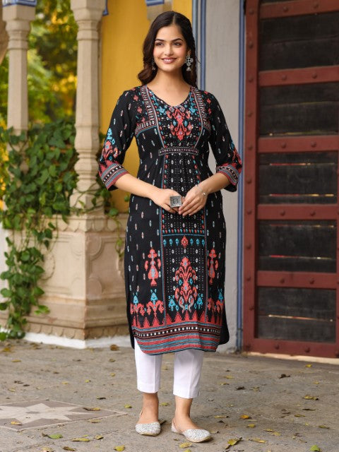 Juniper The Crafted Geometrics Ikat Printed Rayon Kurta With Beads & Sequins