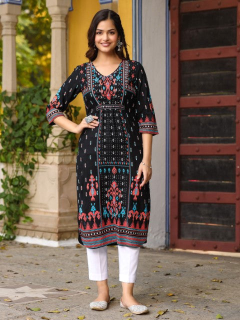 Juniper The Crafted Geometrics Ikat Printed Rayon Kurta With Beads & Sequins