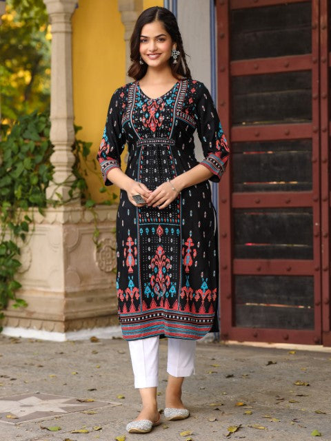 Juniper The Crafted Geometrics Ikat Printed Rayon Kurta With Beads & Sequins