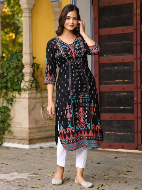 Juniper The Crafted Geometrics Ikat Printed Rayon Kurta With Beads & Sequins
