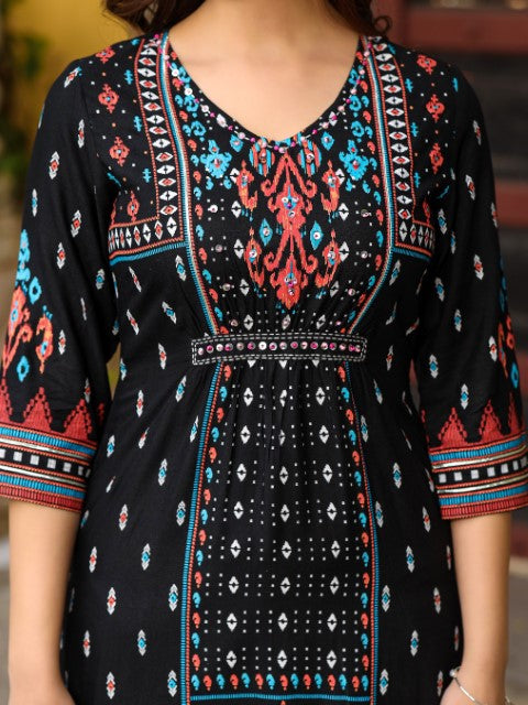 Juniper The Crafted Geometrics Ikat Printed Rayon Kurta With Beads & Sequins