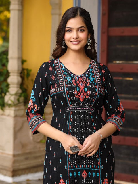 Juniper The Crafted Geometrics Ikat Printed Rayon Kurta With Beads & Sequins