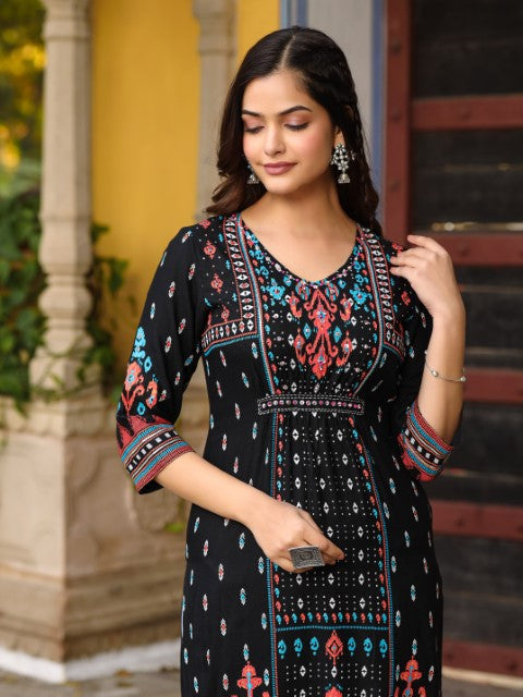 Juniper The Crafted Geometrics Ikat Printed Rayon Kurta With Beads & Sequins