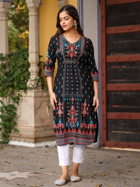 Juniper The Crafted Geometrics Ikat Printed Rayon Kurta With Beads & Sequins