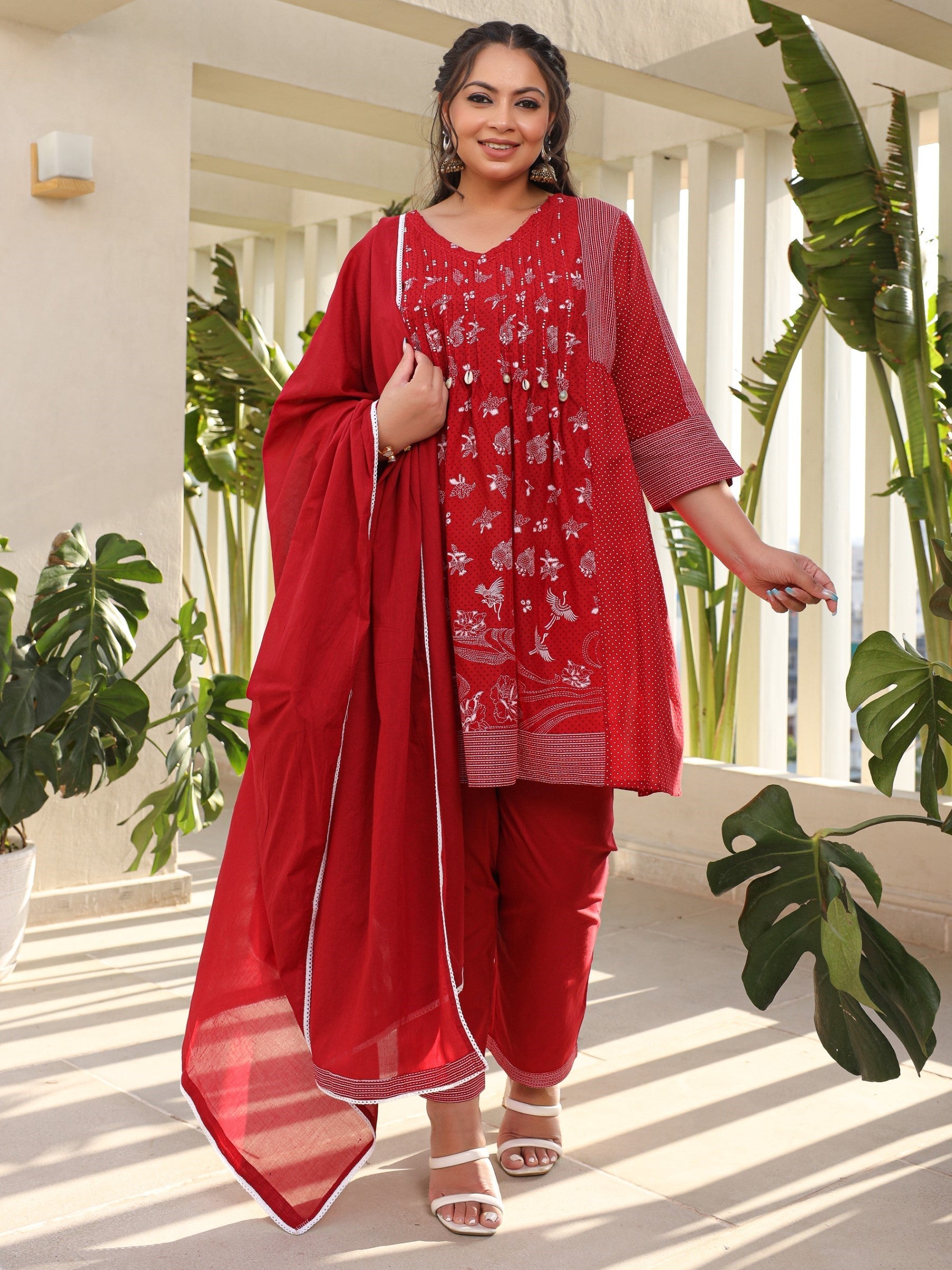 Cotton kurta pant dupatta set for women with lining, printed ethnic 3 piece suit set, sizes 38 to 46