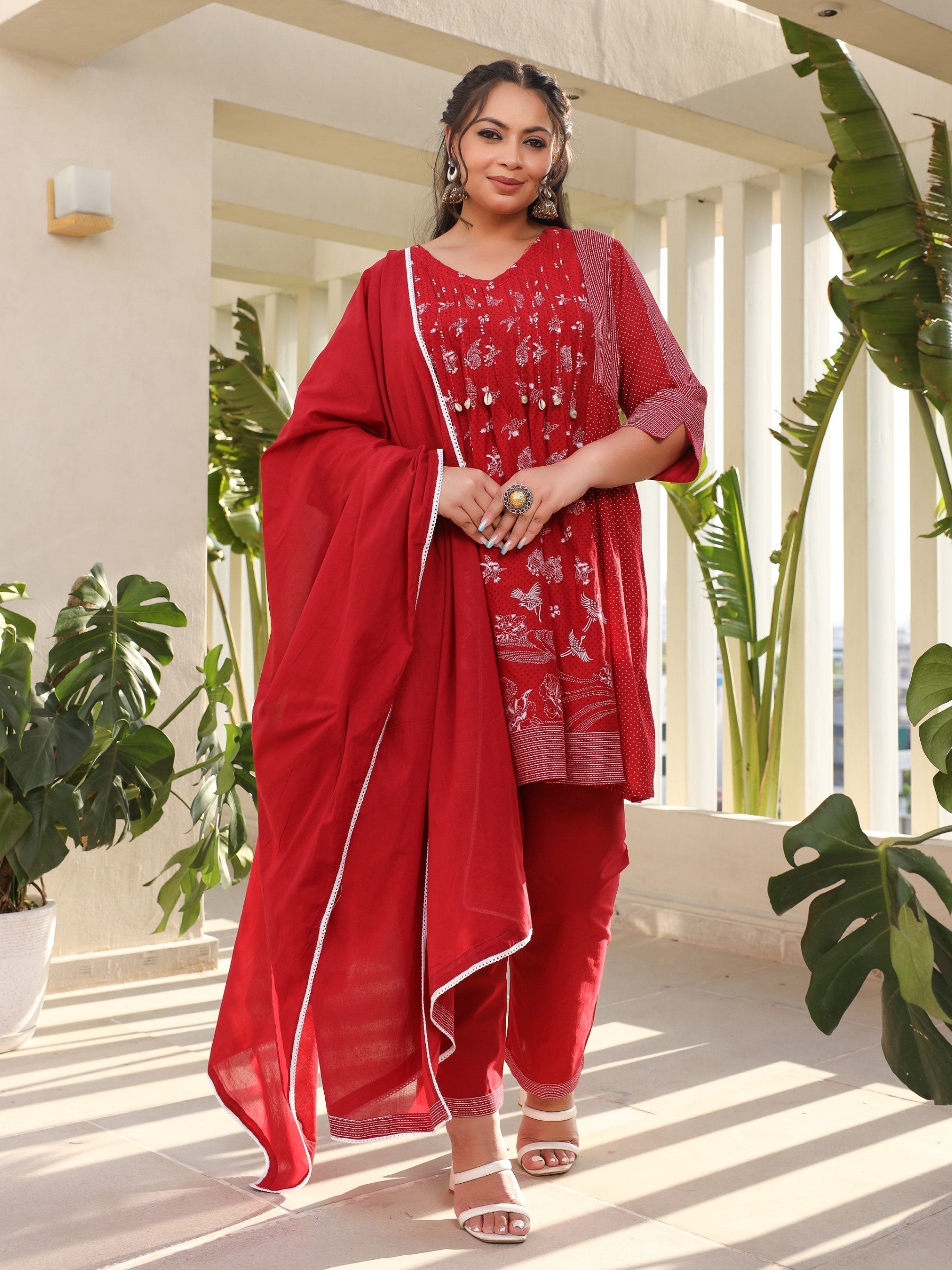 Women Red Ethnic Motif Printed A-Line Cotton Plus Size Kurta Pants & Dupatta Set With Pintucks At Front & Beadwork (3-Pcs)