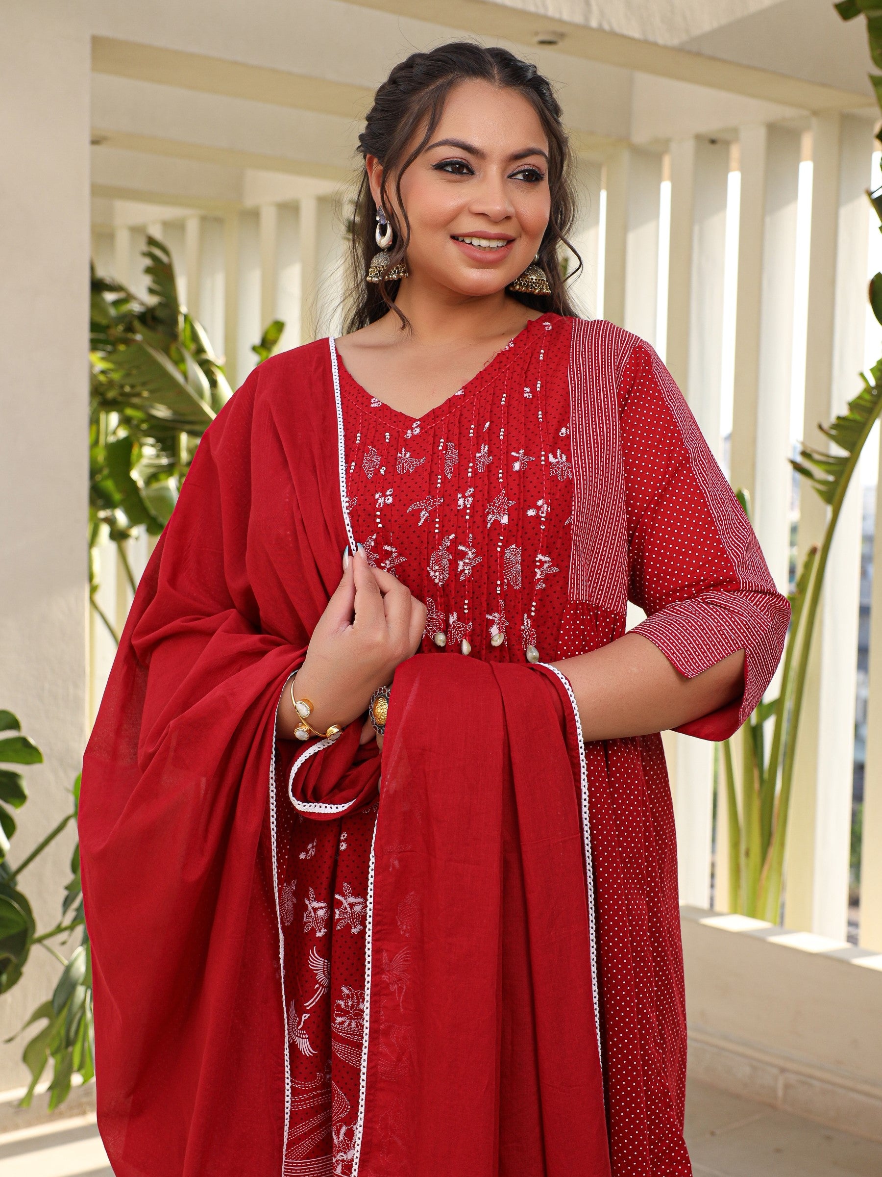 Juniper Women Red Ethnic Motif Printed A-Line Cotton Plus Size Kurta Pants & Dupatta Set With Pintucks At Front & Beadwork (3-Pcs)