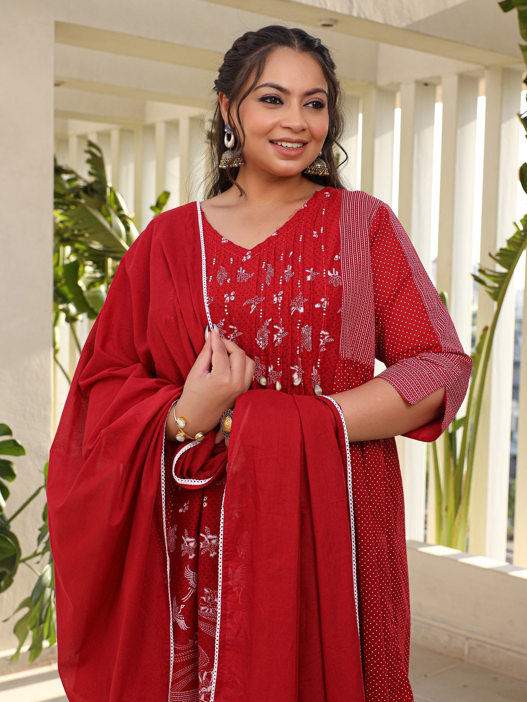Juniper Women Red Ethnic Motif Printed A-Line Cotton Plus Size Kurta Pants & Dupatta Set With Pintucks At Front & Beadwork (3-Pcs)