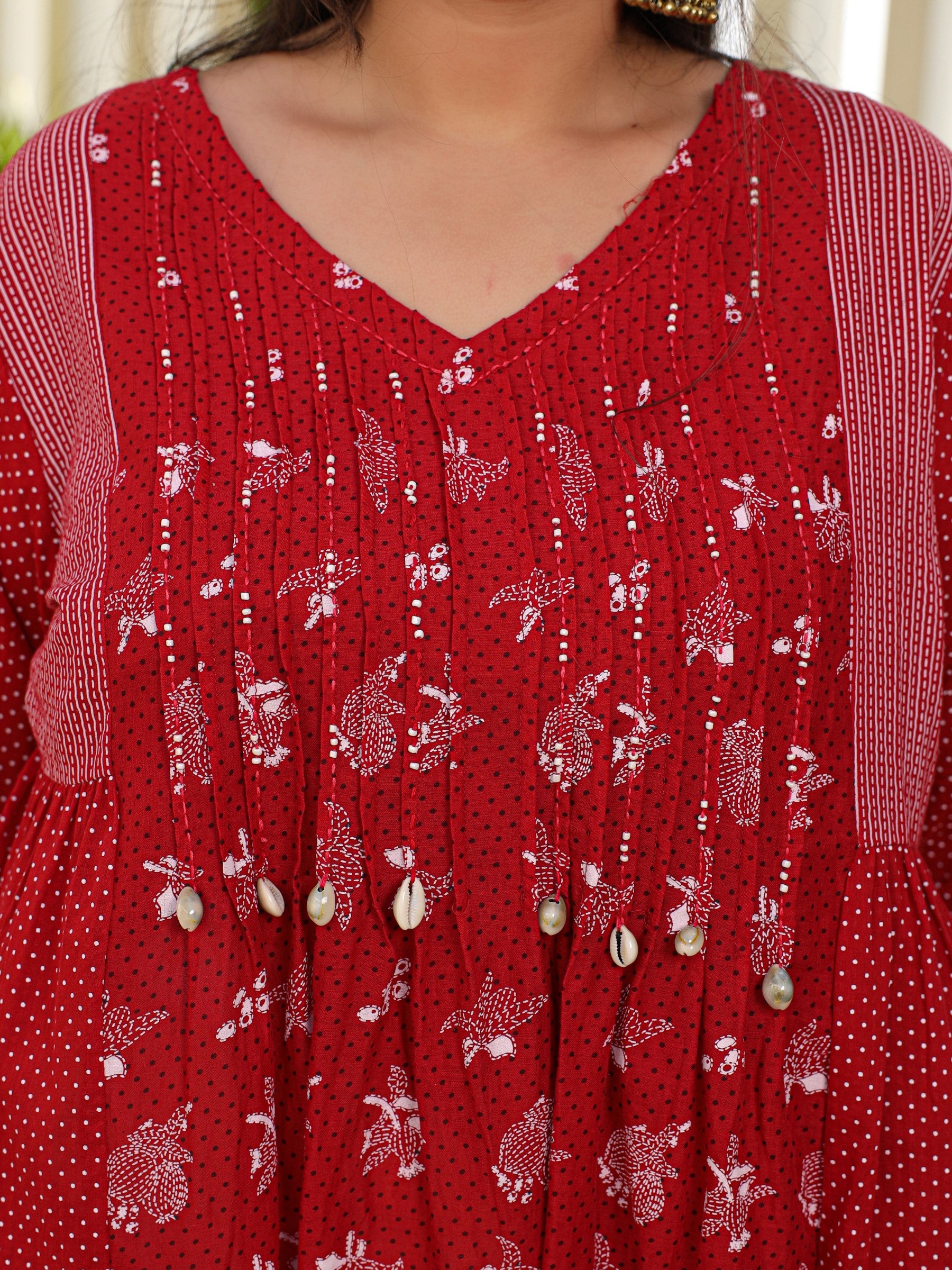 Juniper Women Red Ethnic Motif Printed A-Line Cotton Plus Size Kurta Pants & Dupatta Set With Pintucks At Front & Beadwork (3-Pcs)