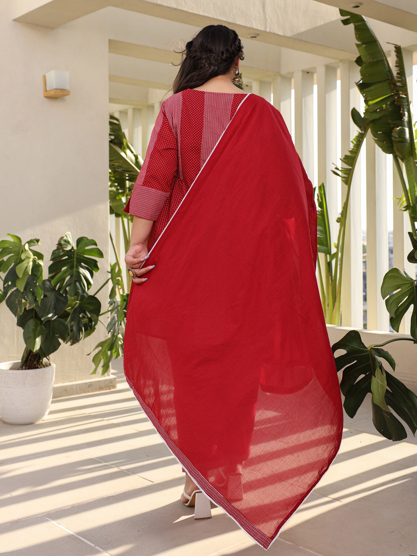 Juniper Women Red Ethnic Motif Printed A-Line Cotton Plus Size Kurta Pants & Dupatta Set With Pintucks At Front & Beadwork (3-Pcs)